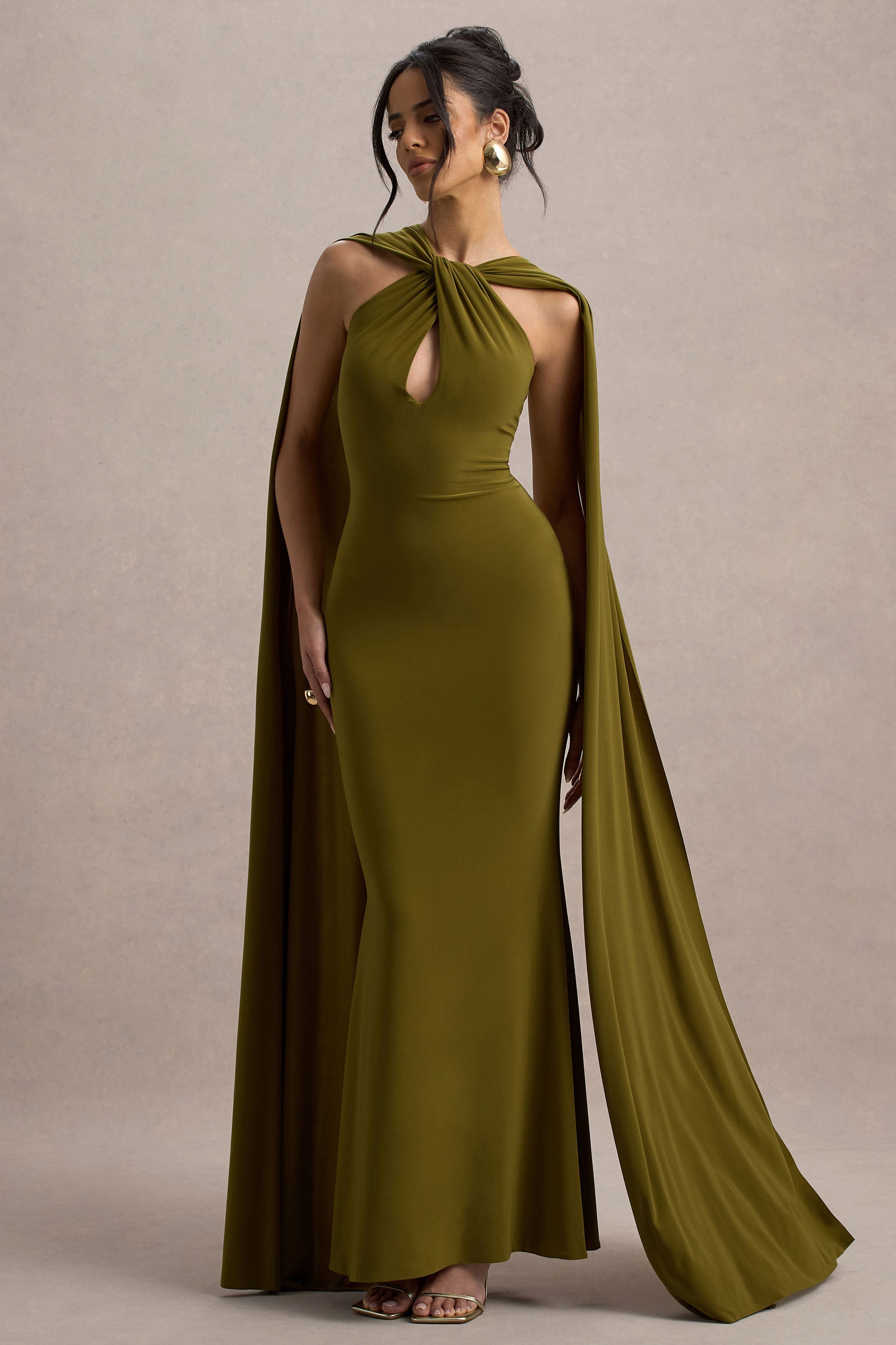 Rhoda Green Twist Halter-Neck Cape Maxi Dress