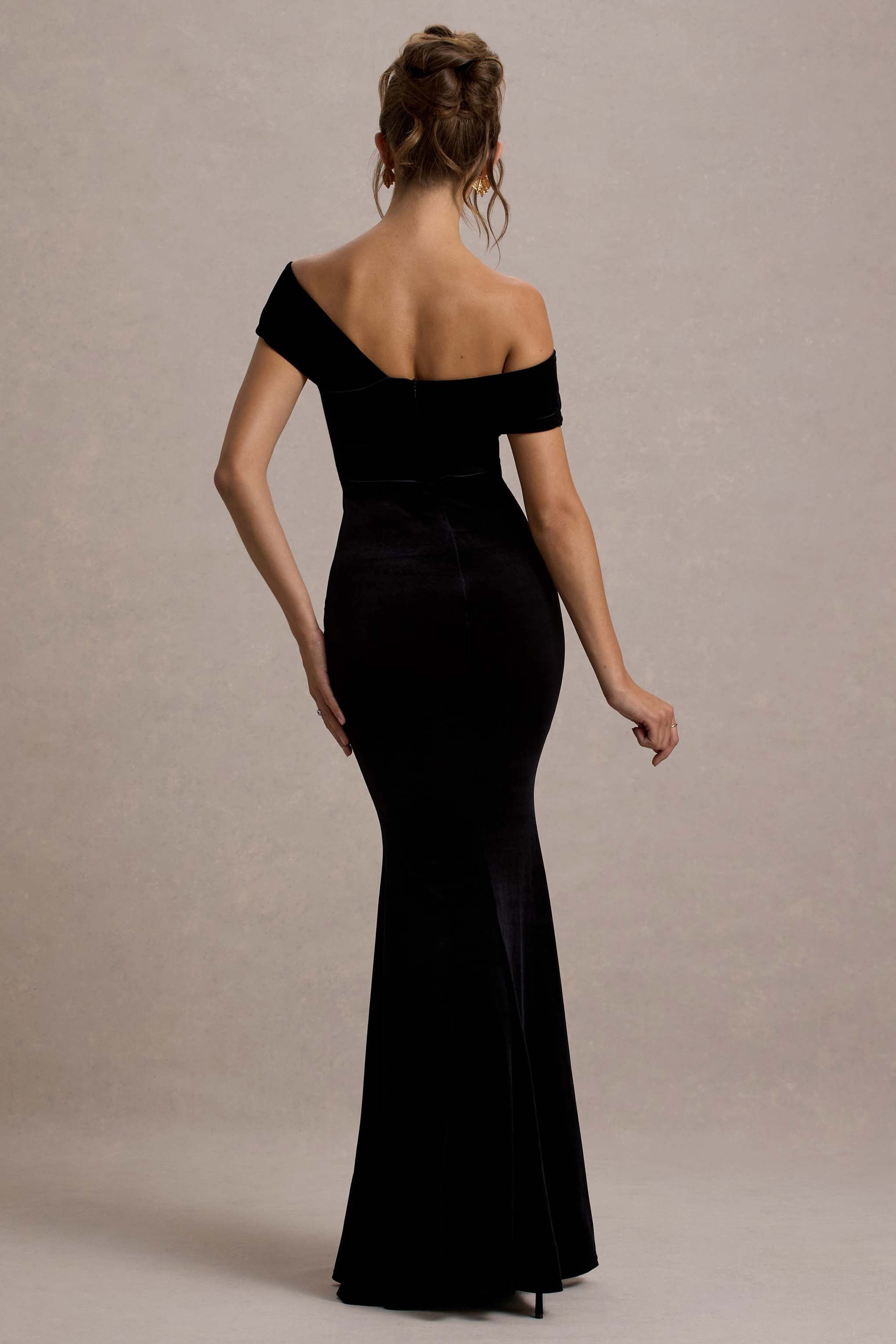Candela Black Velvet Asymmetric Bardot Maxi Dress