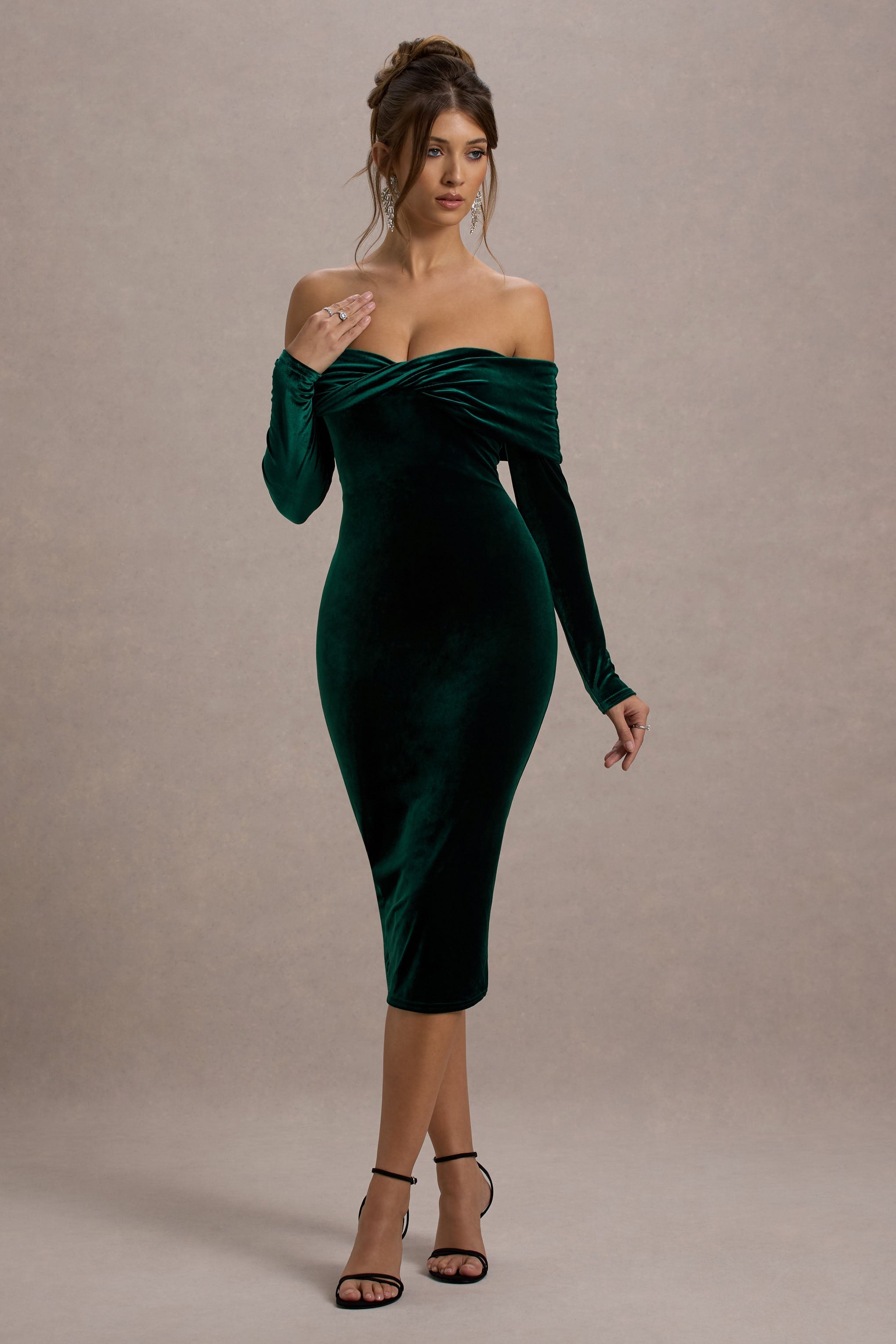 Compliment Bottle Green Velvet Bardot Midi Dress