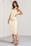 Dazzling Champagne Satin Cross Over Halter Neck Midi Dress