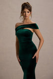 Candela Bottle Green Velvet Asymmetric Bardot Maxi Dress