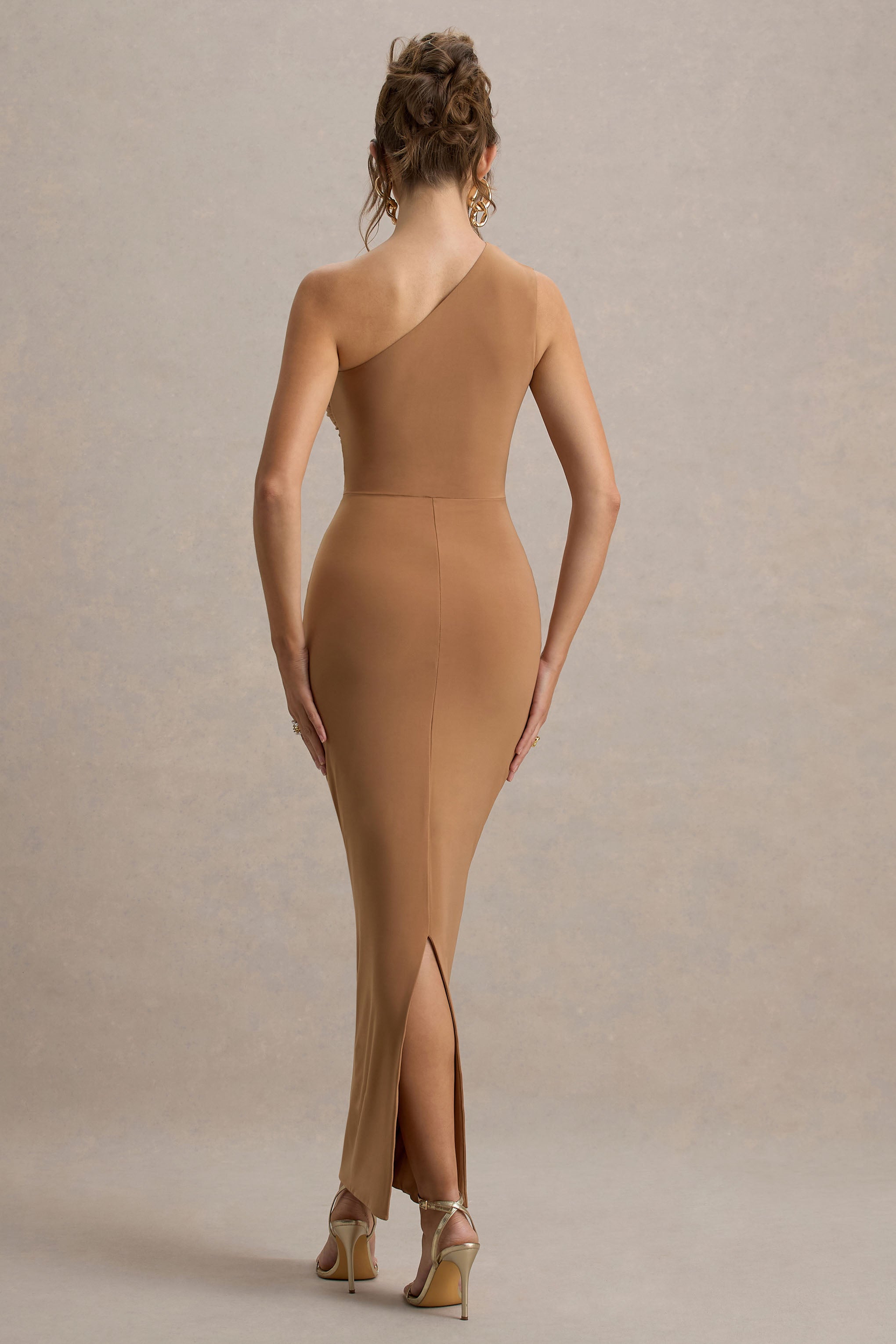 Dalarie Brown One-Shoulder Gathered Maxi Dress