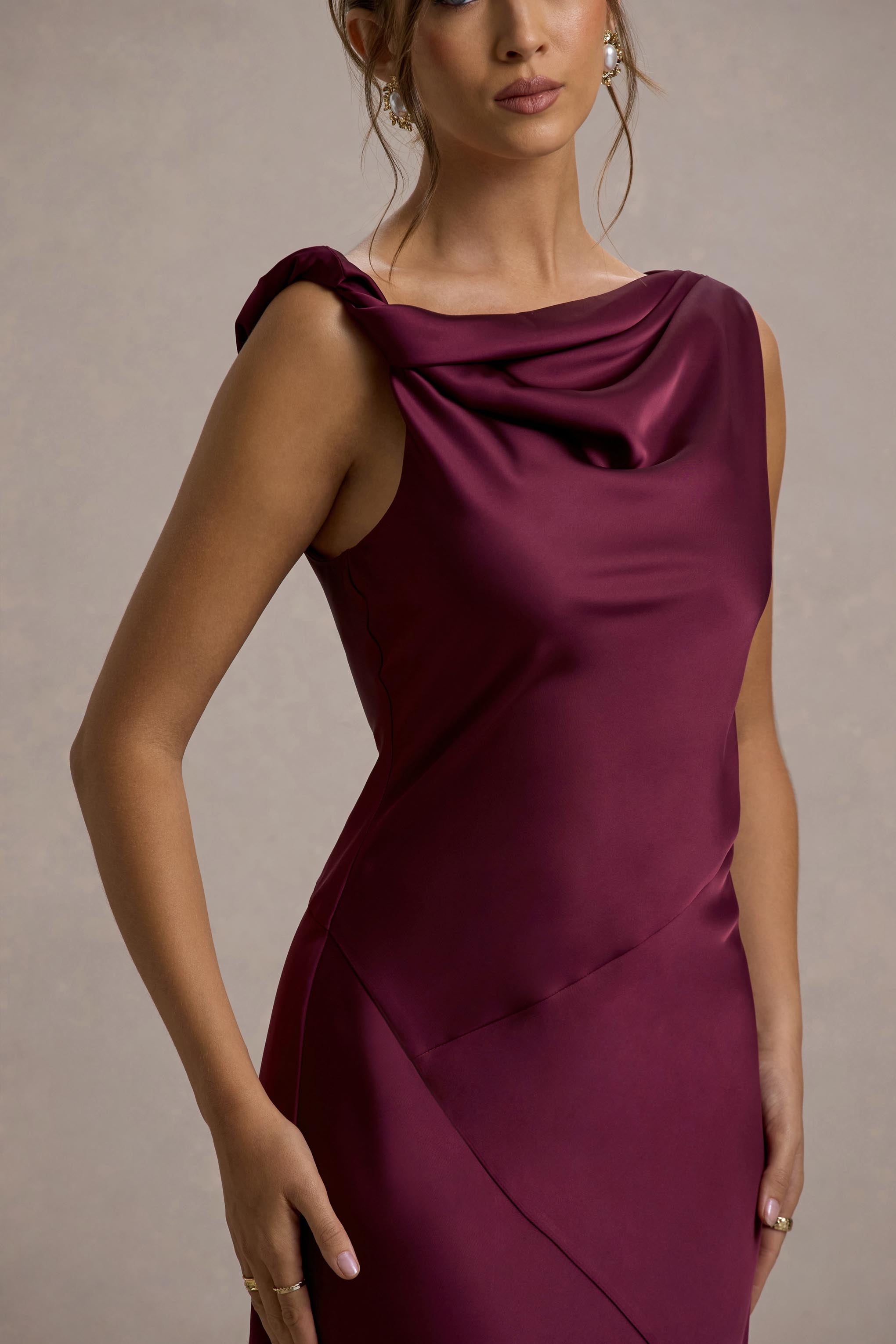 Donelli Plum Satin Asymmetric Midi Dress