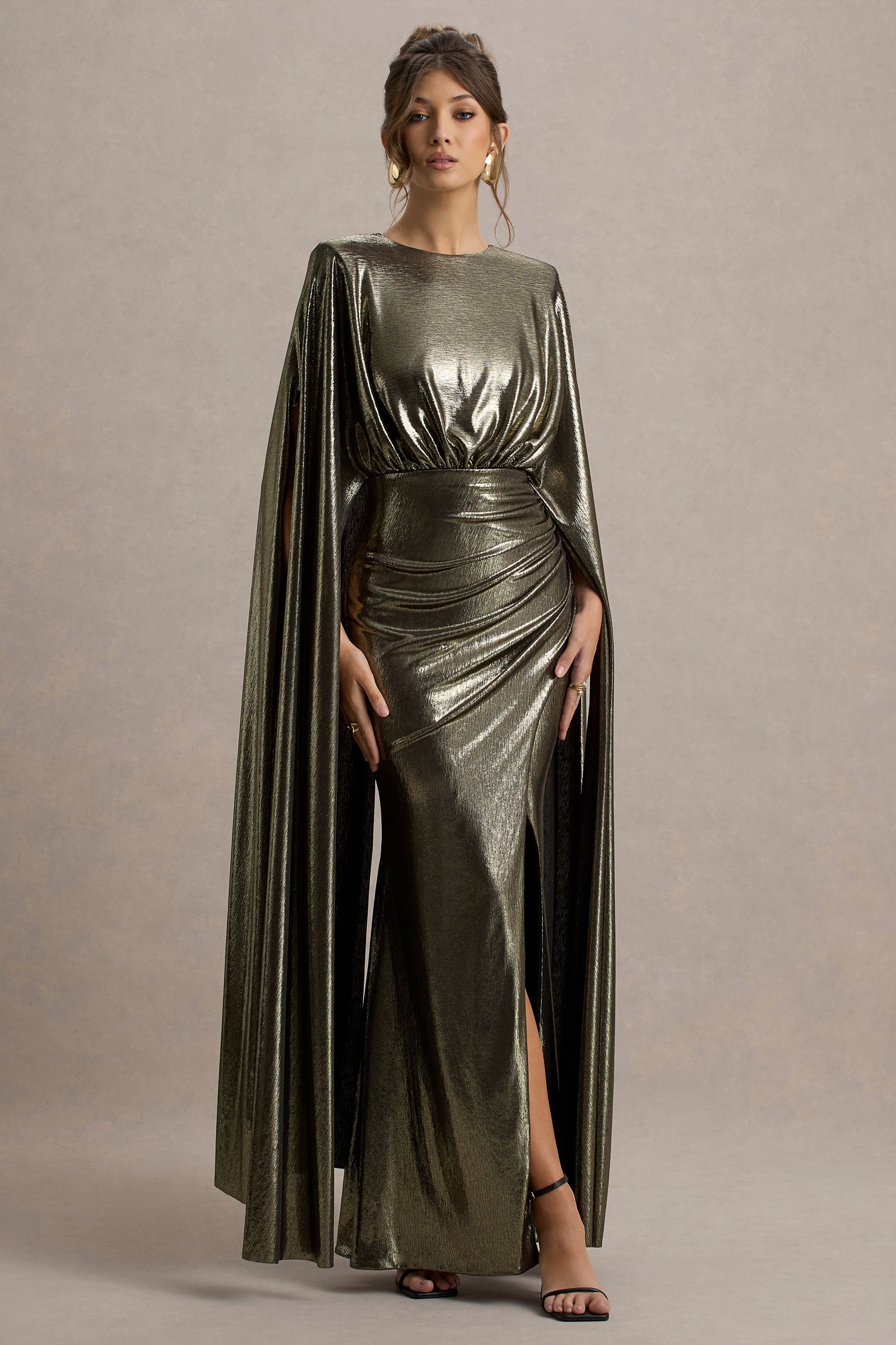 Theia Gold Metallic Cape-Sleeve Split Maxi Dress