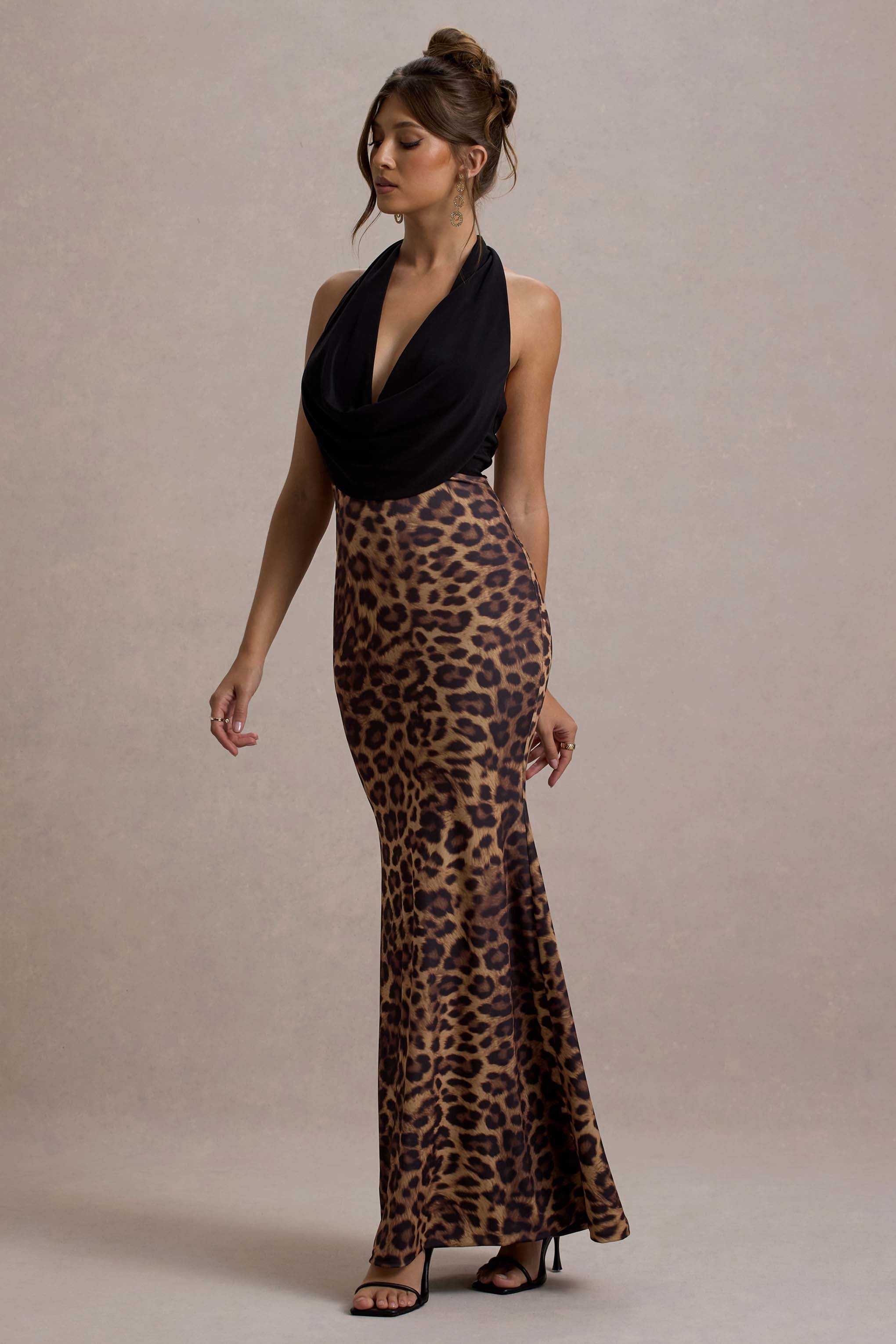 Krystal Animal Print Deep Plunge-Neck Maxi Dress