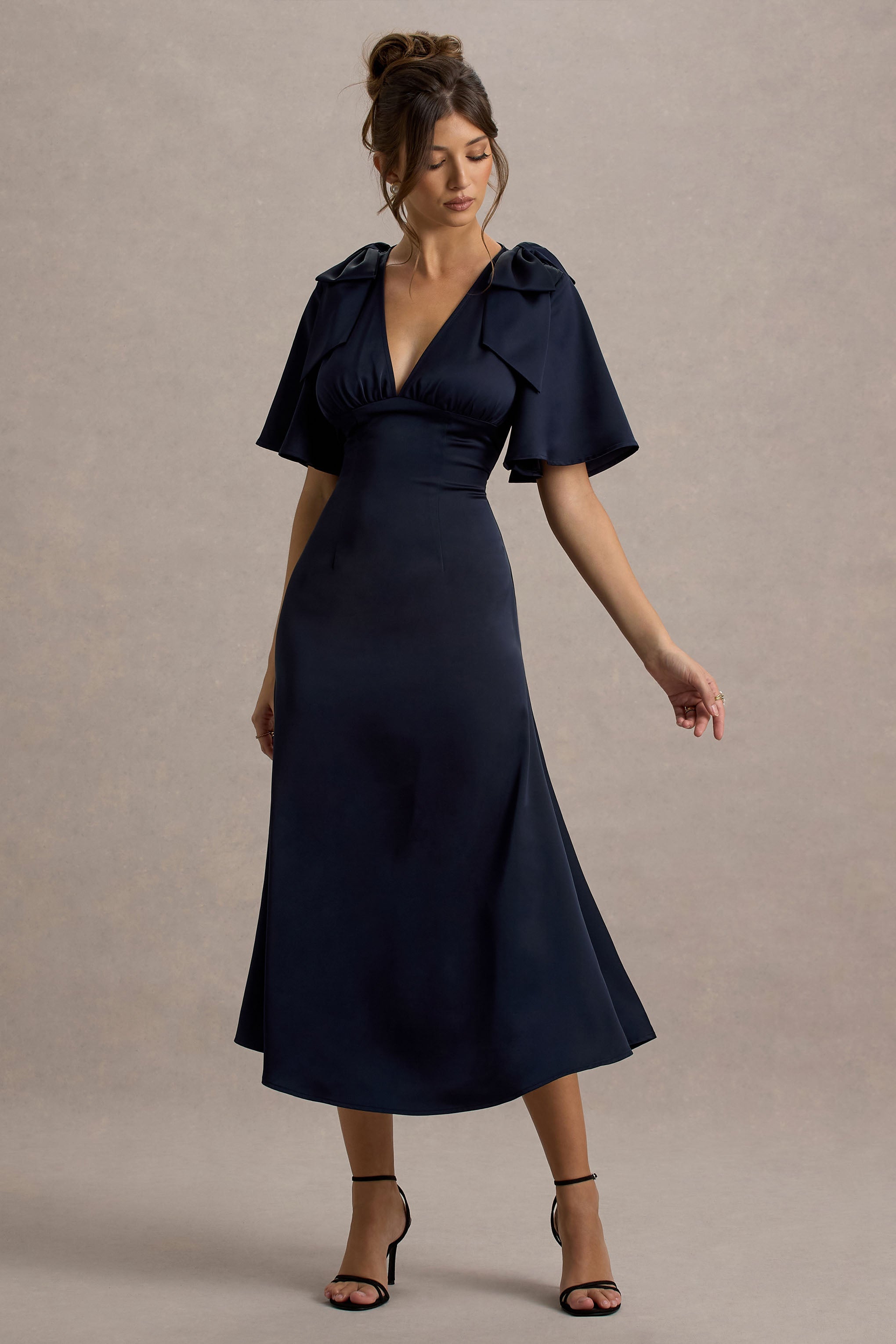 Danna Navy Satin V-Neck Short-Sleeve Midi Dress