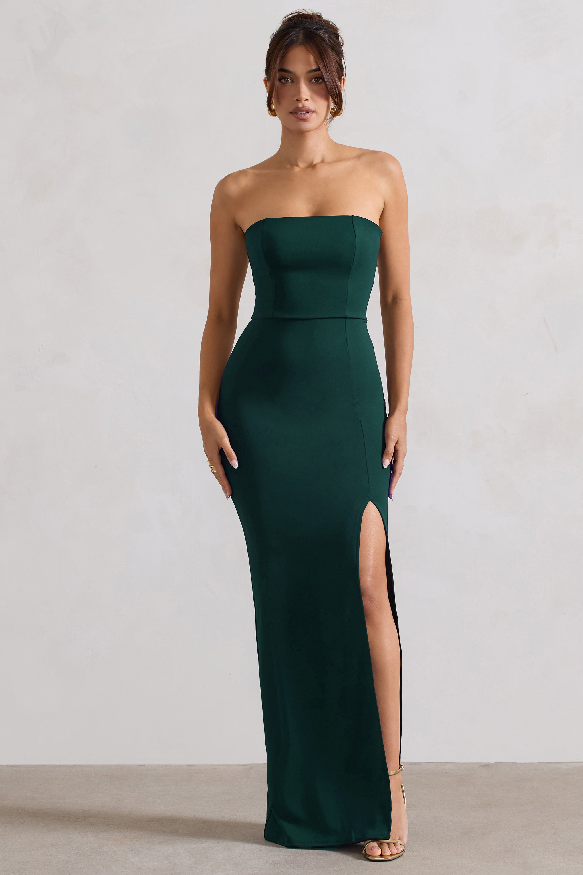 Belle of The Ball Bottle Green Bandeau Maxi Dress With Split Hem