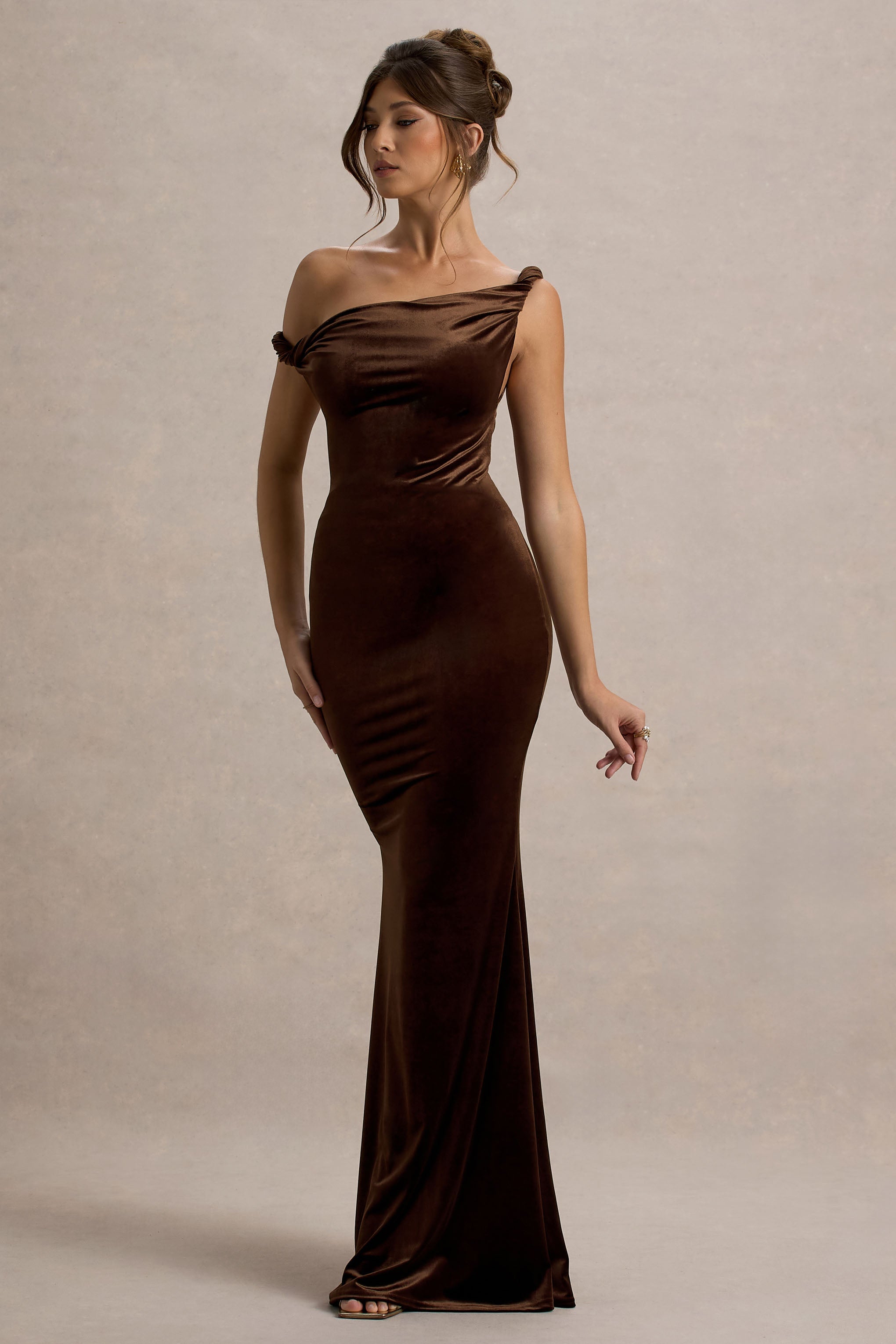 Neeka Brown Velvet Twisted Asymmetric Maxi Dress