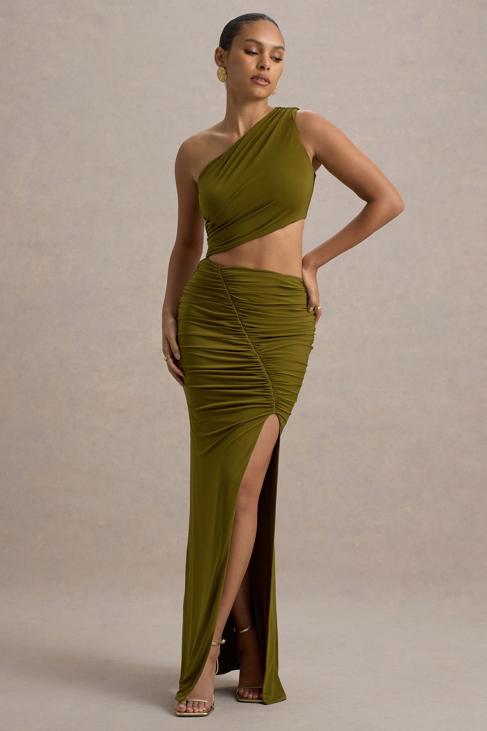 Sena Green Asymmetric Maxi Dress With Cut Out Details