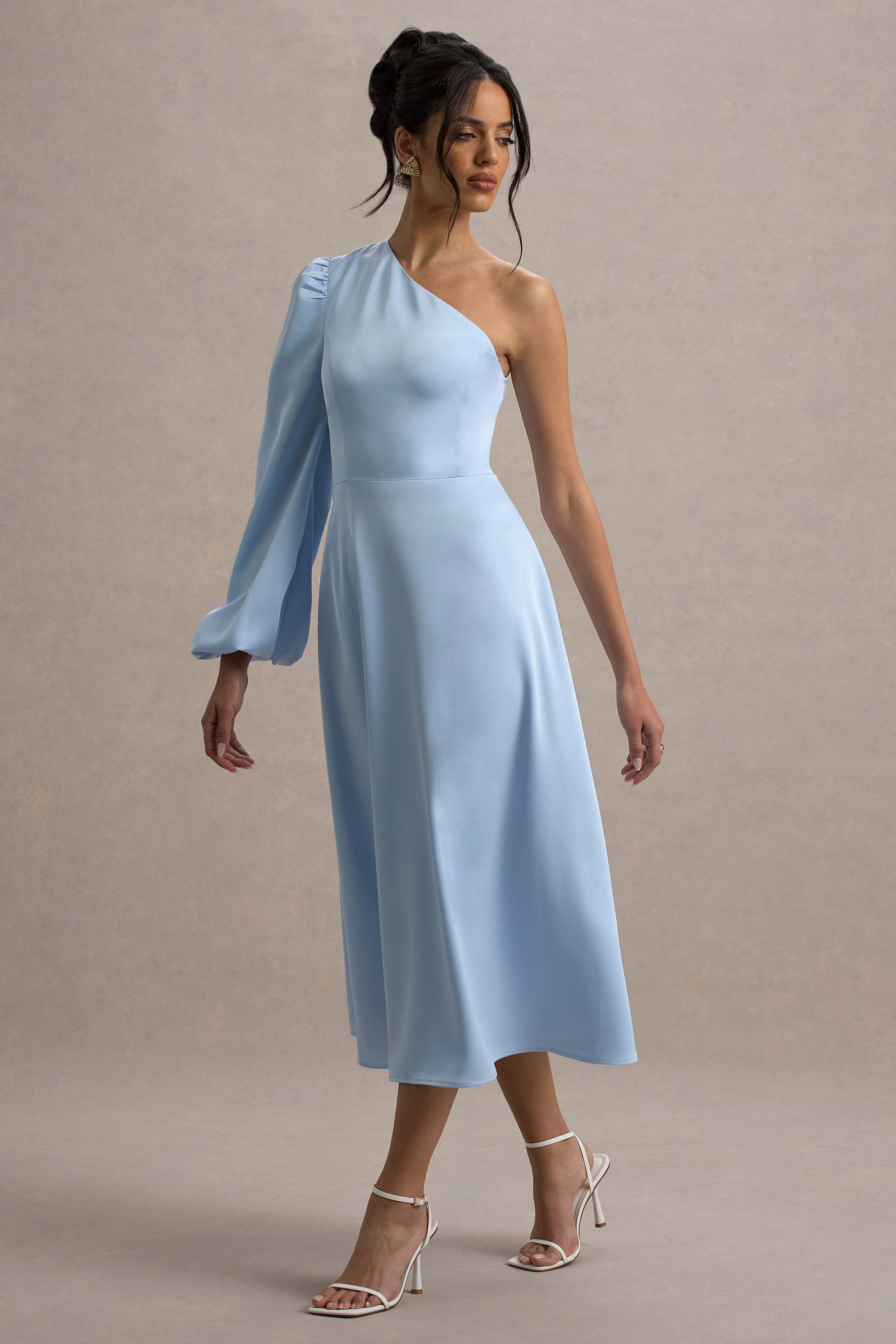 Haila Powder Blue Satin One-Shoulder Maxi Dress