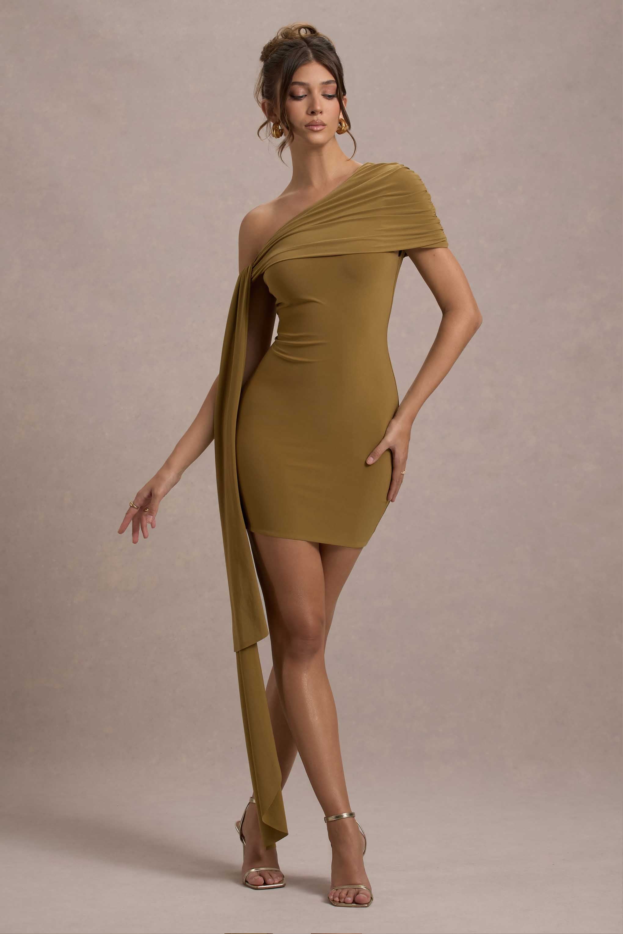 Alessio Mustard One-Shoulder Mini Dress With Drape
