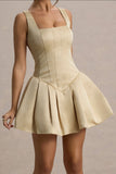 Bramble Ivory Satin Square-Neck Puffball Mini Dress