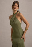 Sansa Khaki Satin Cross Halter-Neck Plisse Maxi Dress