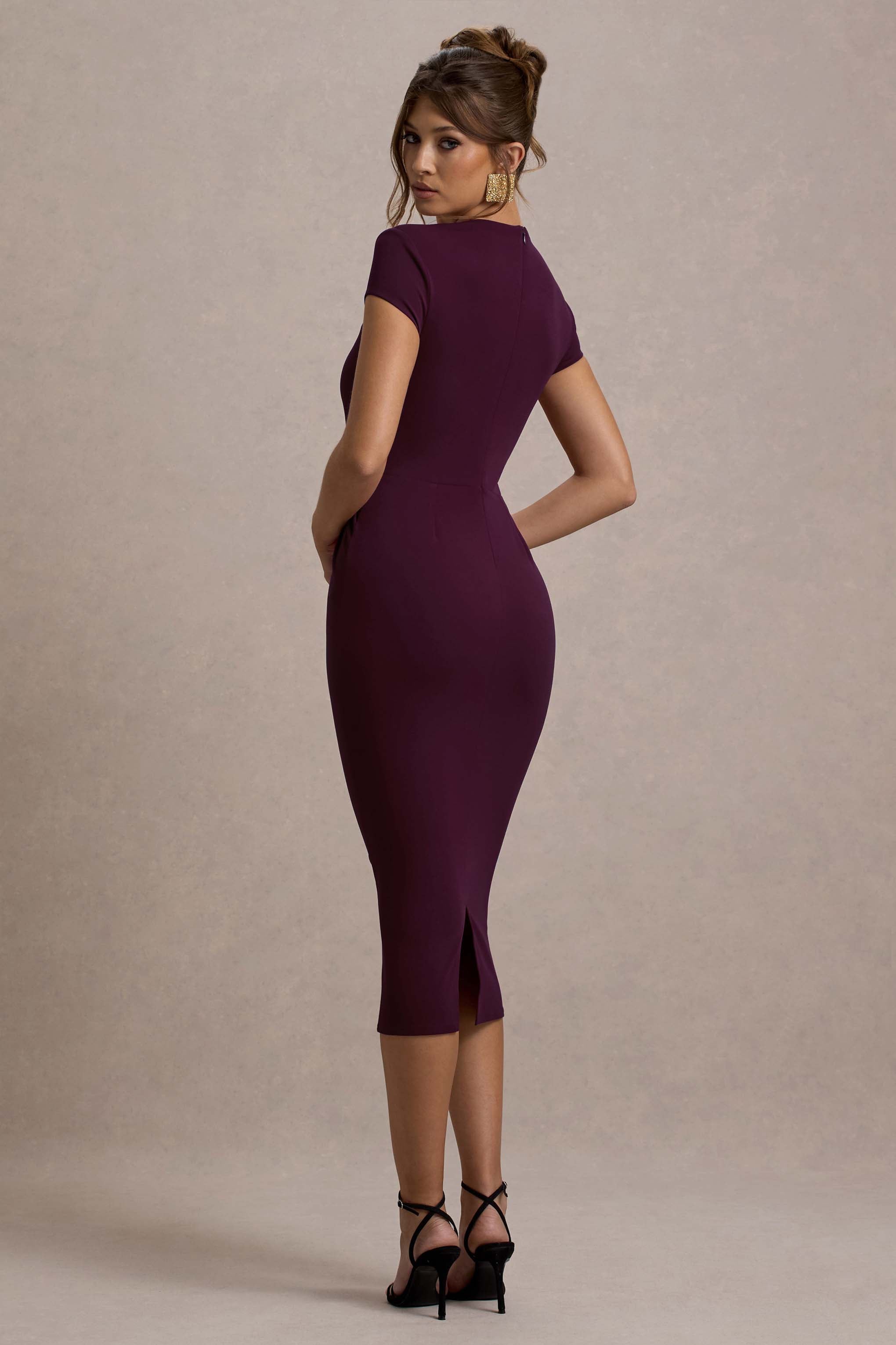 Lorenzie Plum Square-Neck Short-Sleeve Twist Midi Dress