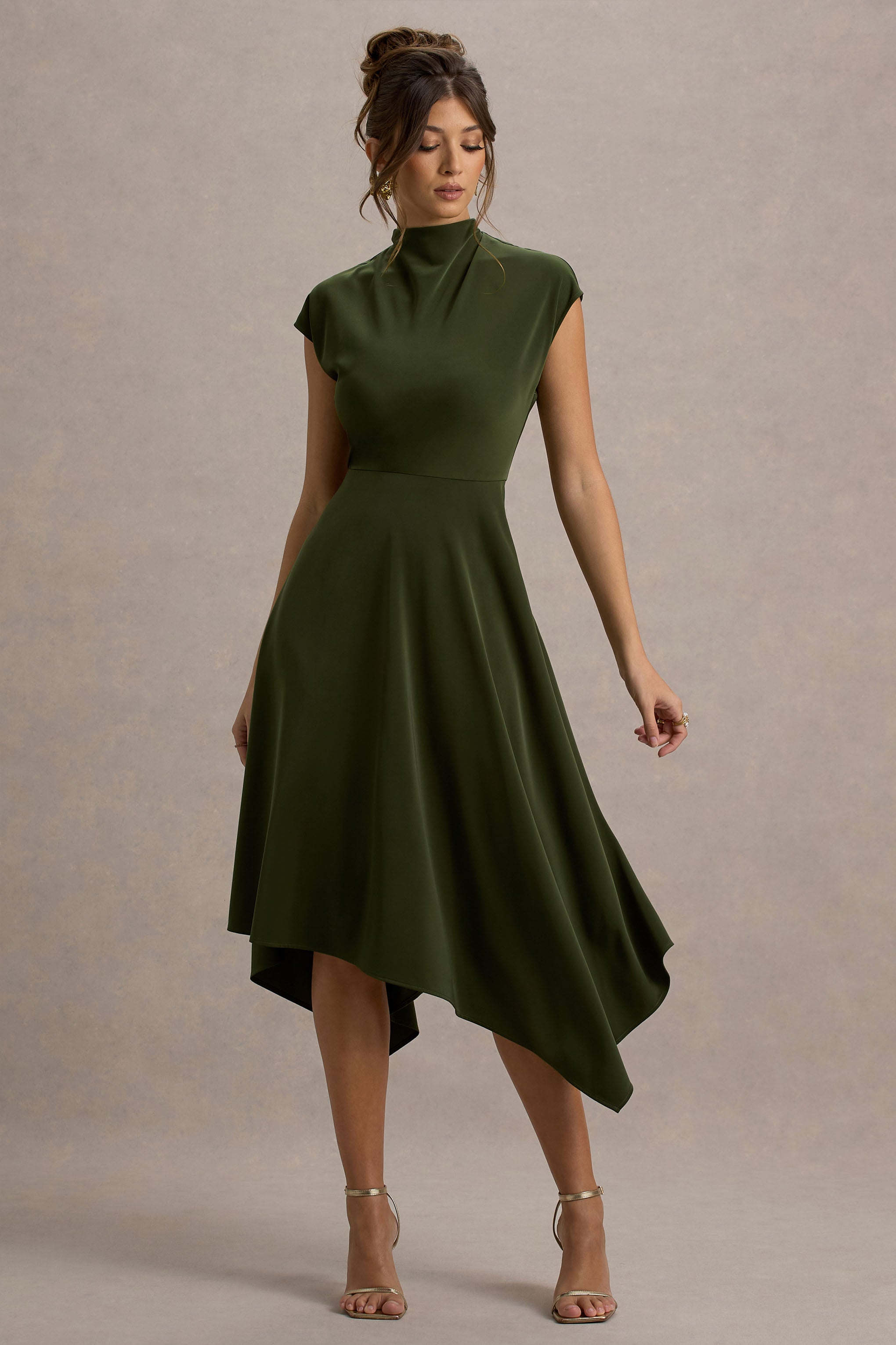 Velma Olive Satin Midi Dress With Draped Hem
