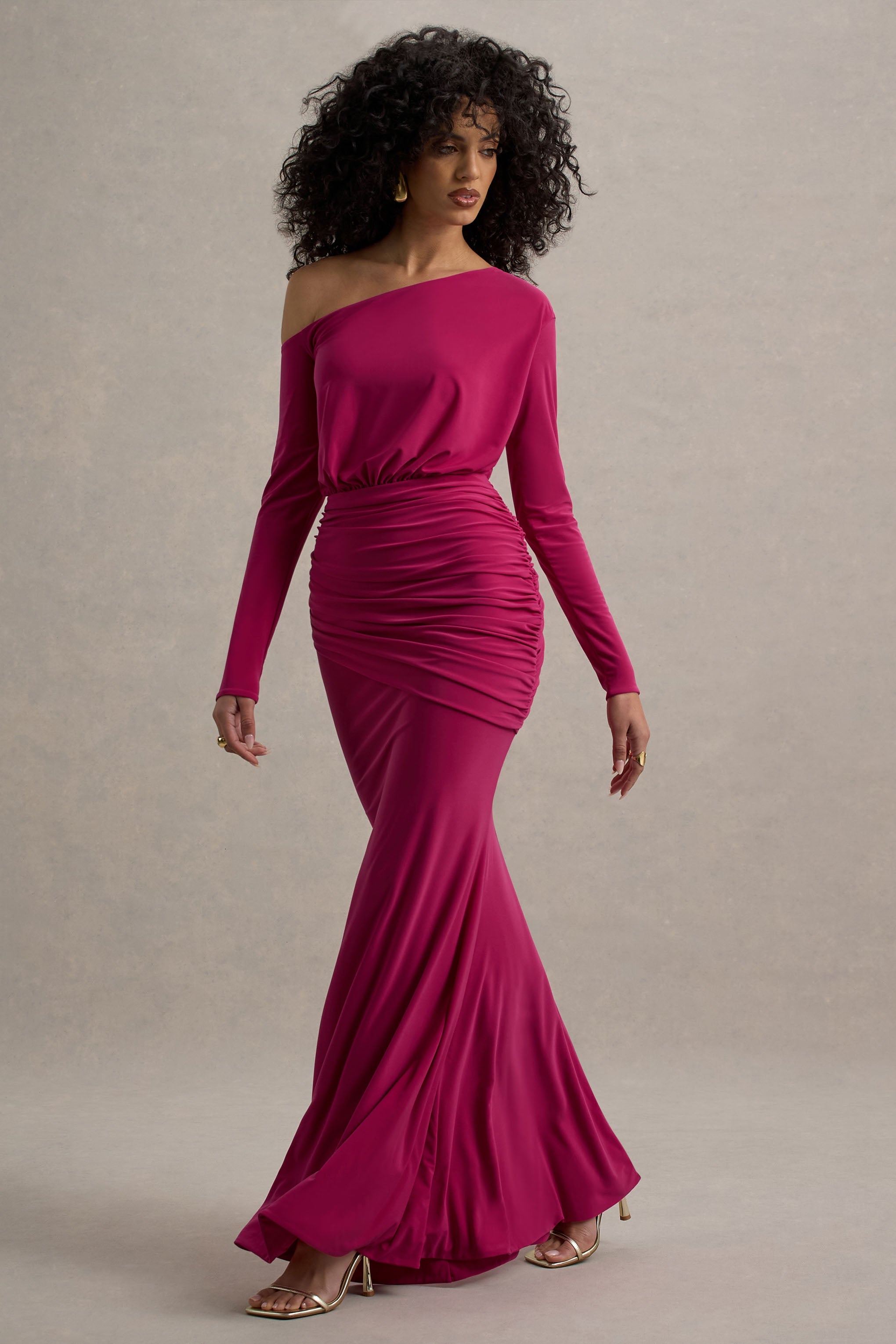 Deanna Hot Pink Asymmetric Long-Sleeve Ruched Maxi Dress