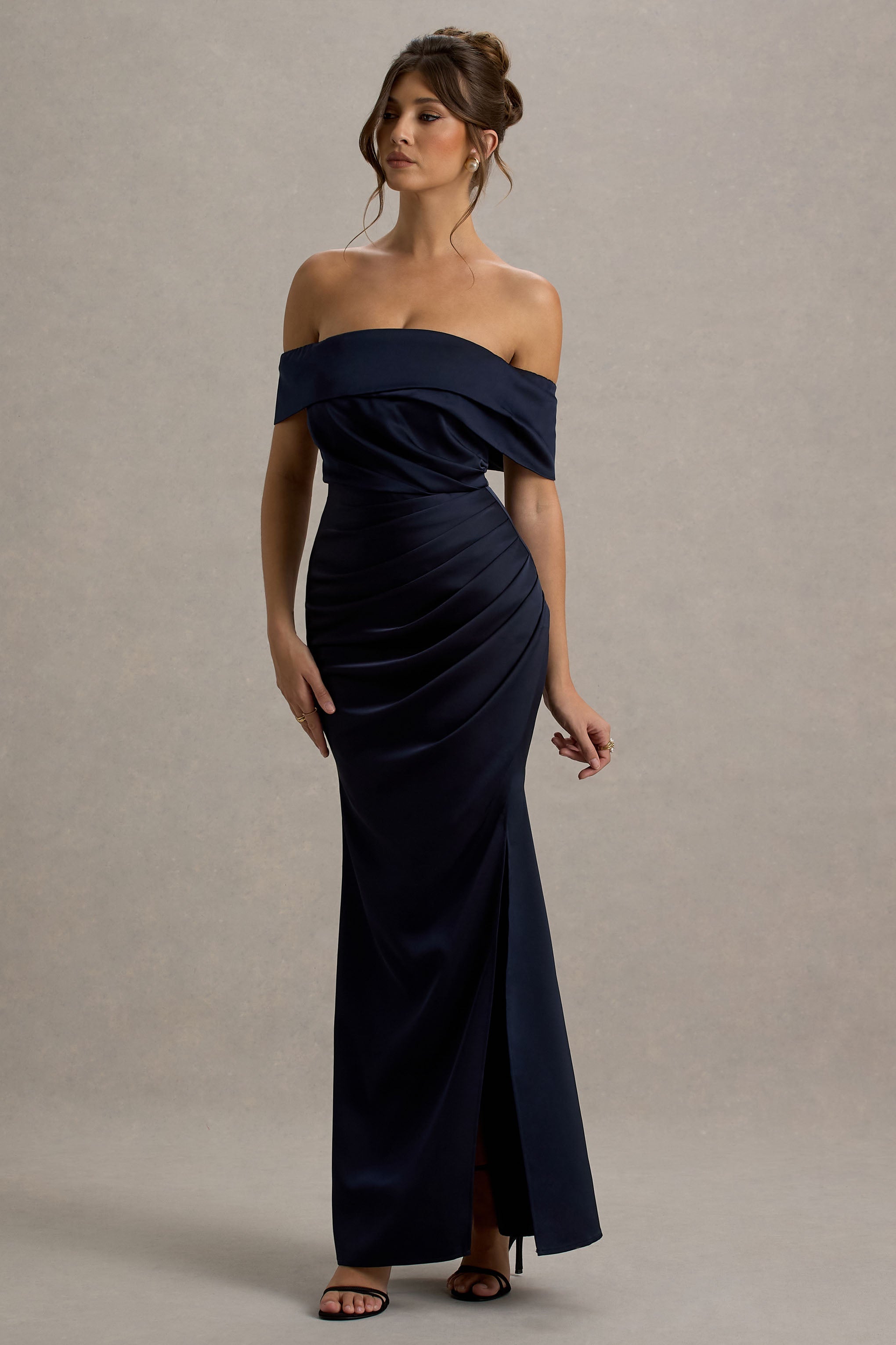 Martine Navy Satin Bardot Wrap Maxi Dress