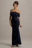 Martine Navy Satin Bardot Wrap Maxi Dress