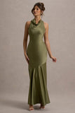 Amelita Khaki Satin Cowl-Neck Maxi Dress