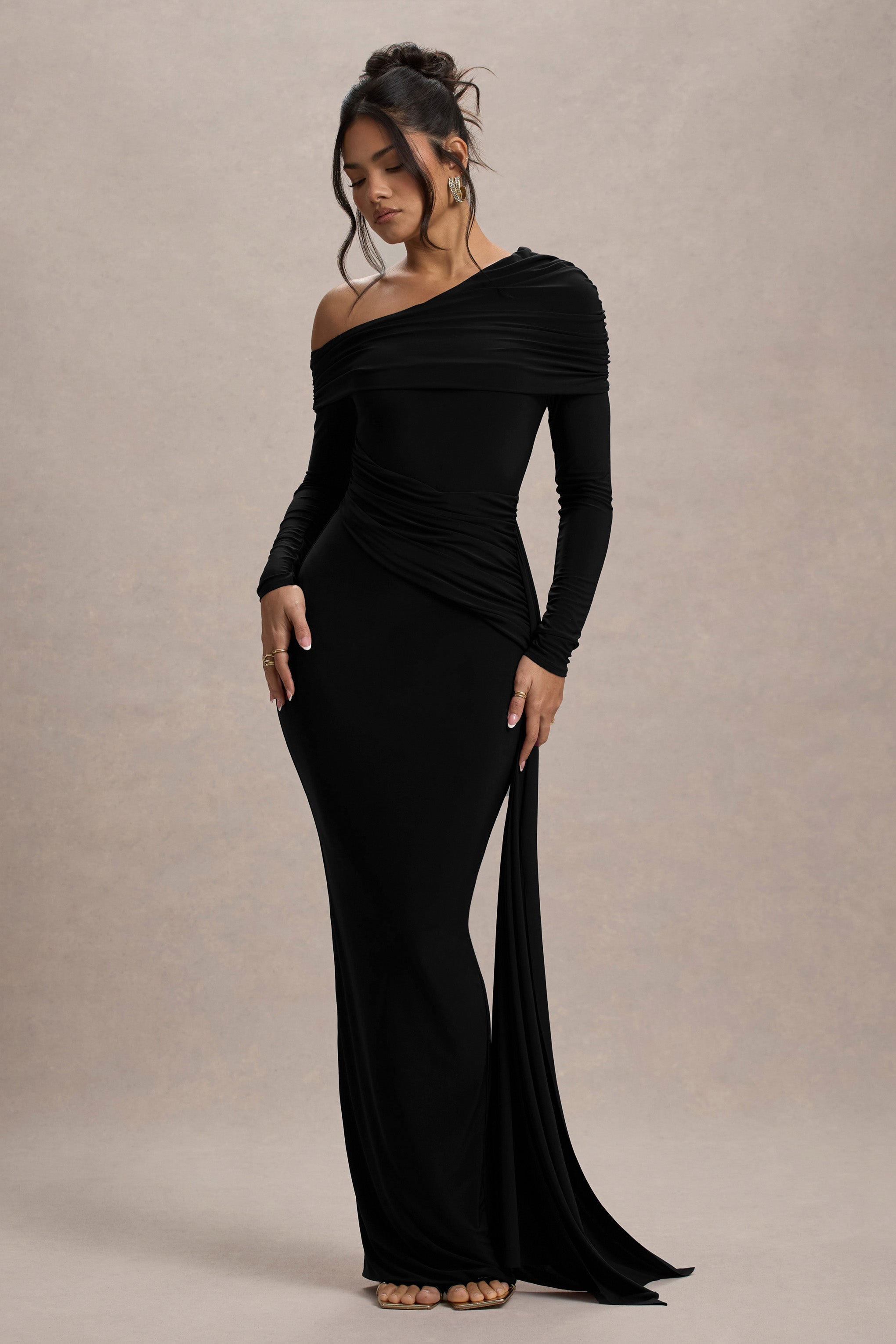 Valina Black Ruched Asymmetric Maxi Dress With Drape