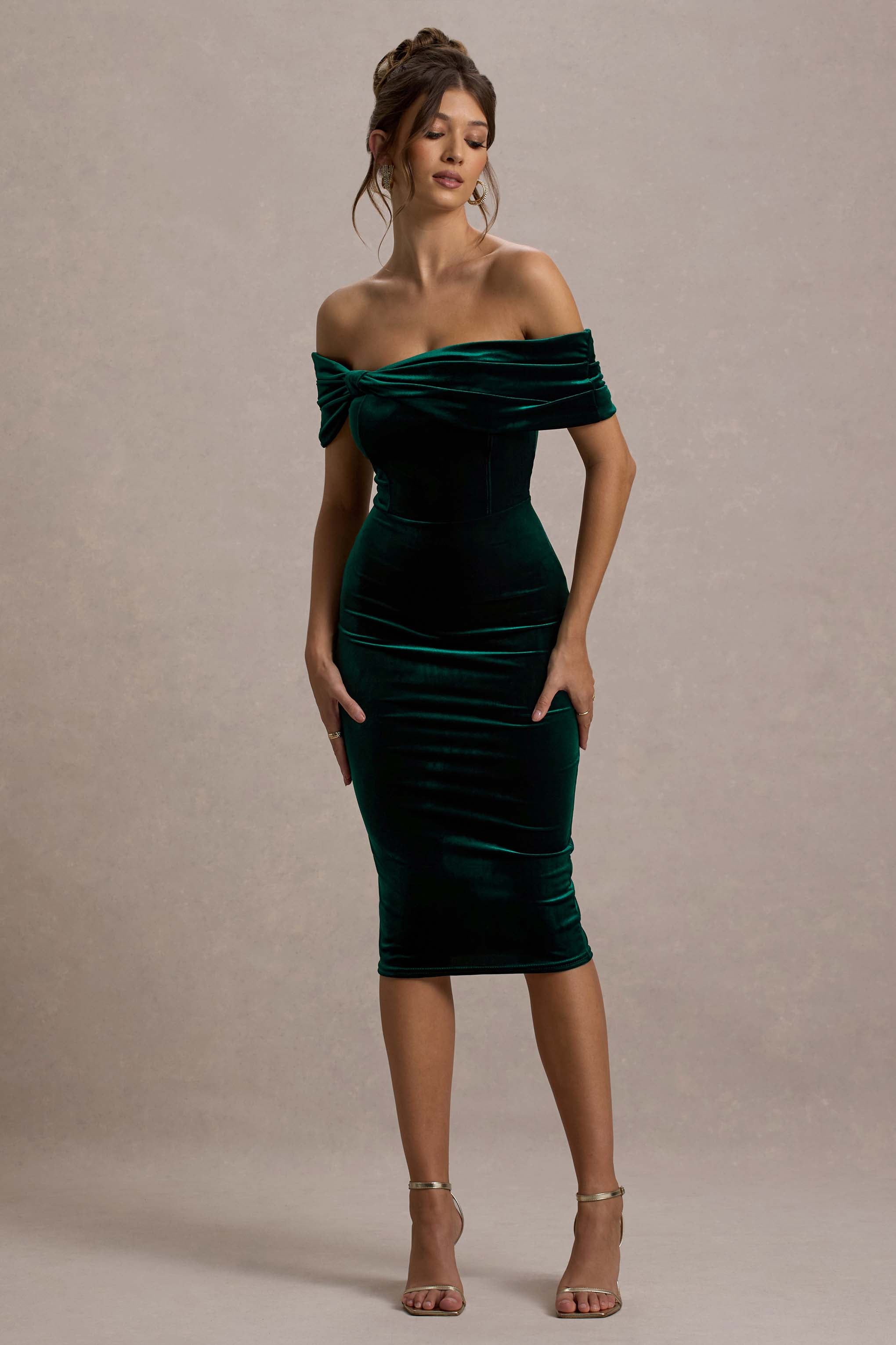 Snowflake Bottle Green Velvet Bardot Bow Detail Midi Dress