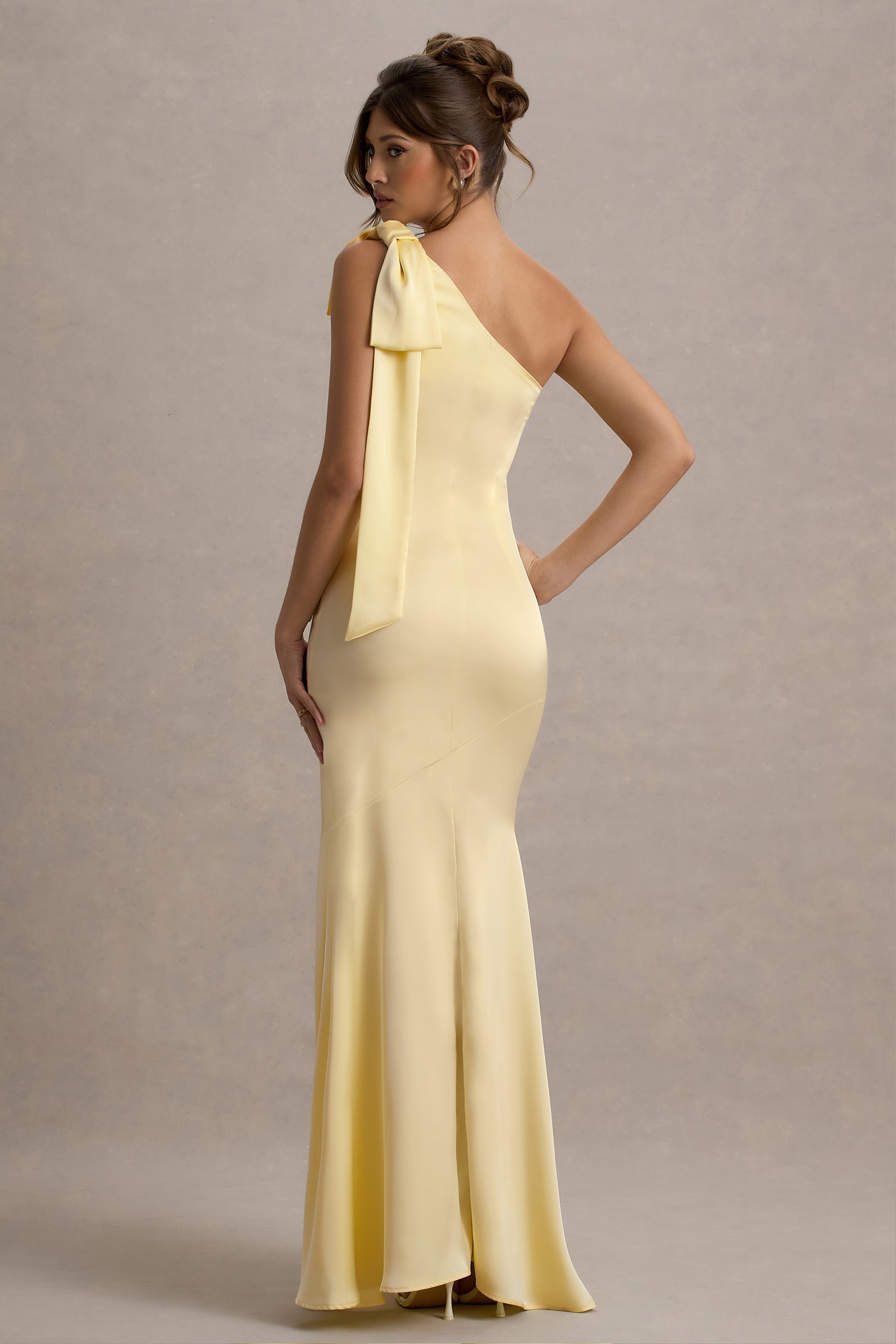 Here For Love Lemon Satin Asymmetric Maxi Dress With Bow