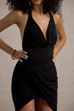 Vivia Black Plunge-Neck Ruched Mini Dress