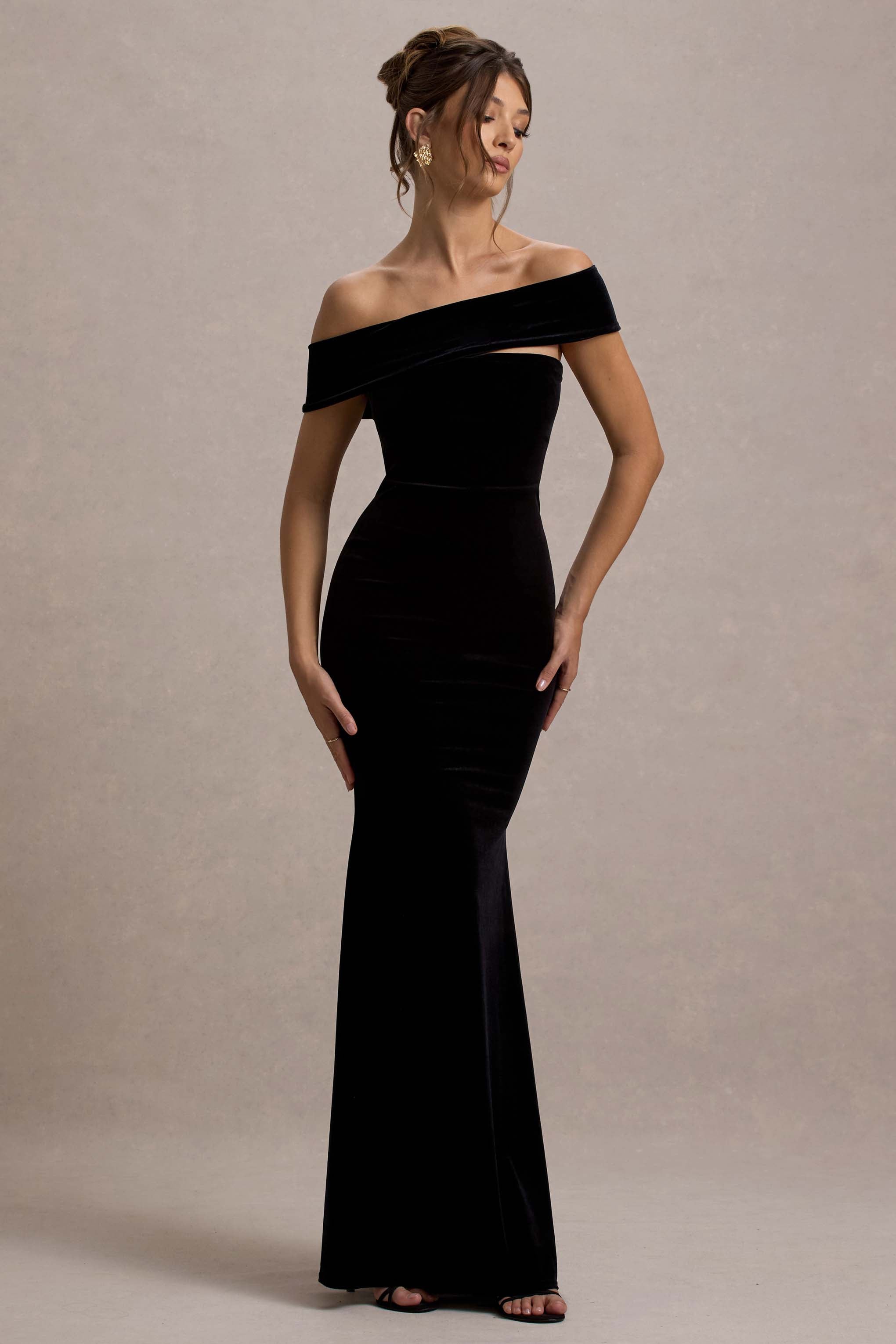 Candela Black Velvet Asymmetric Bardot Maxi Dress