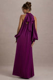 Baila Mulberry Satin High-Neck Cape-Sleeve Maxi Dress