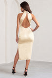 Dazzling Champagne Satin Cross Over Halter Neck Midi Dress