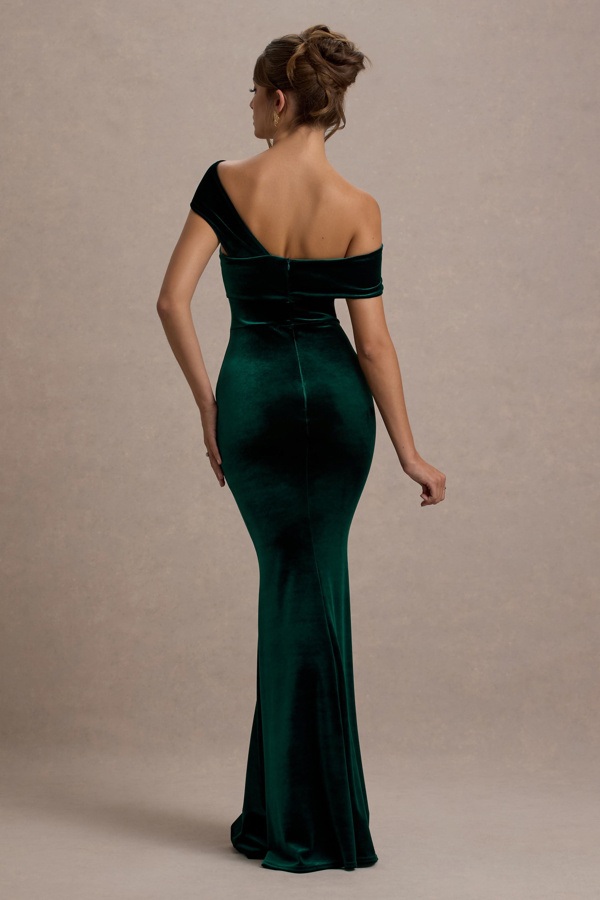 Candela Bottle Green Velvet Asymmetric Bardot Maxi Dress