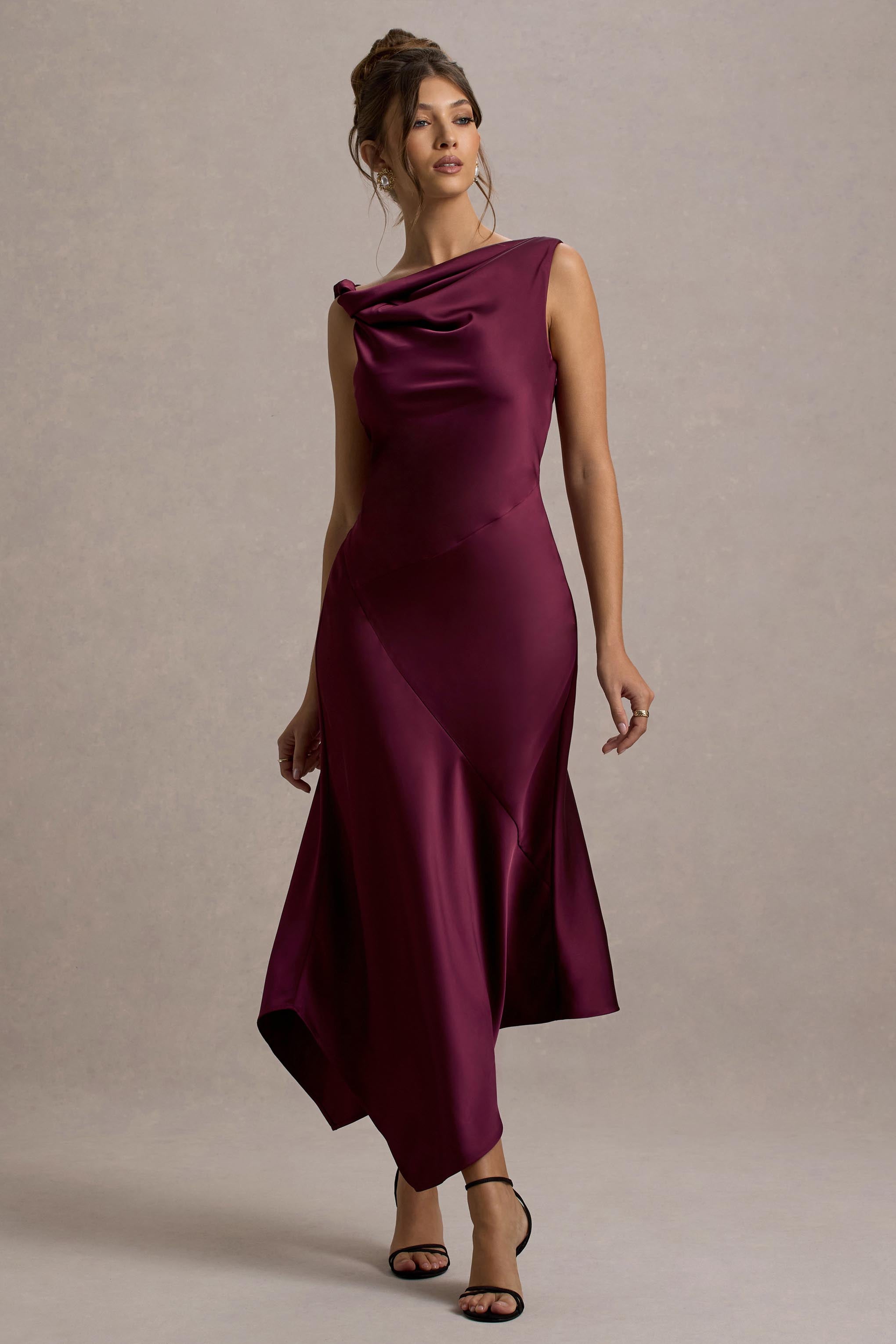 Donelli Plum Satin Asymmetric Midi Dress