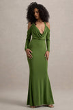 Hurghada Green Plunge-Neck Long-Sleeve Maxi Dress