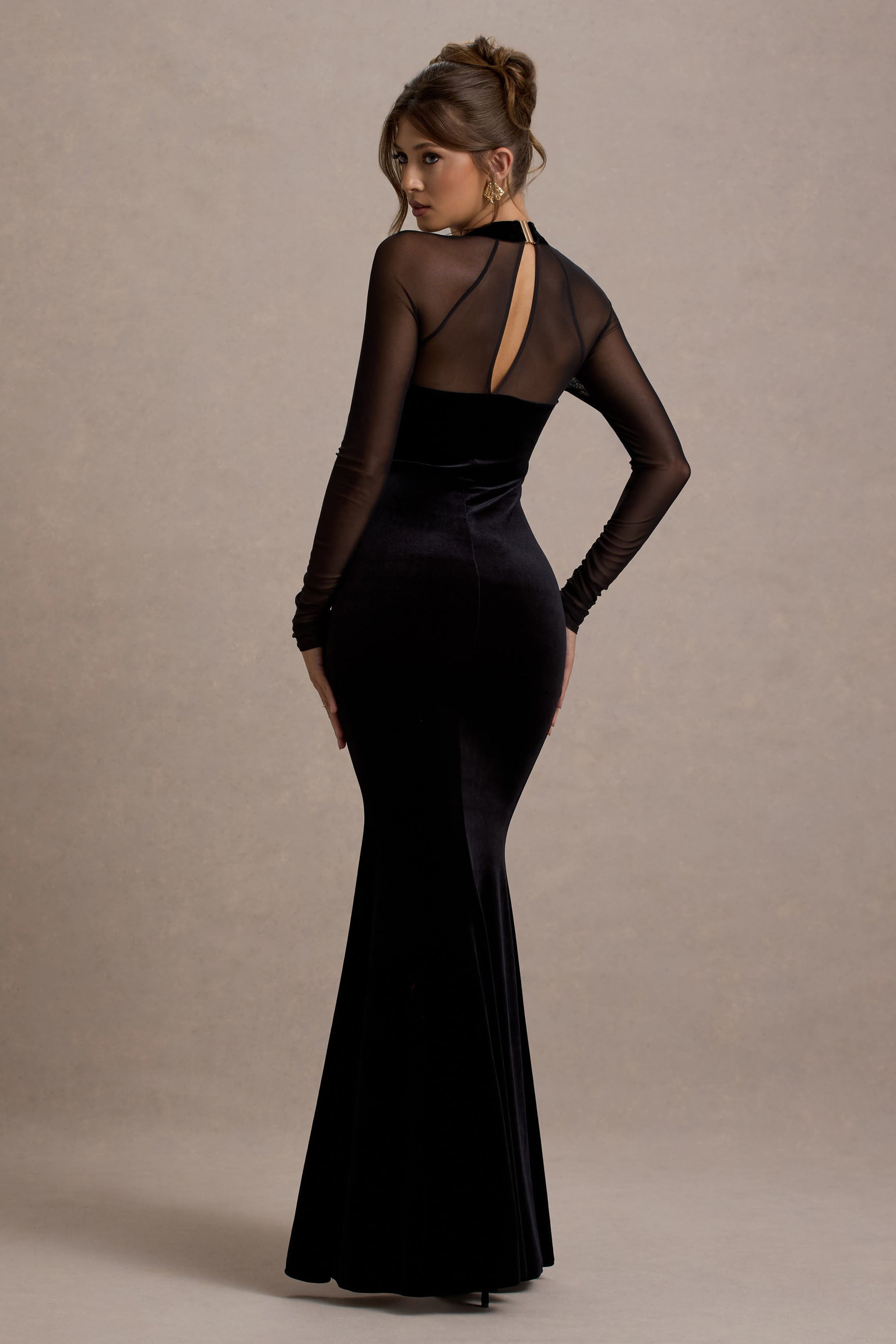 Apres Black Velvet Bodycon Split Maxi Dress With Sheer Sleeves