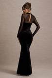Apres Black Velvet Bodycon Split Maxi Dress With Sheer Sleeves
