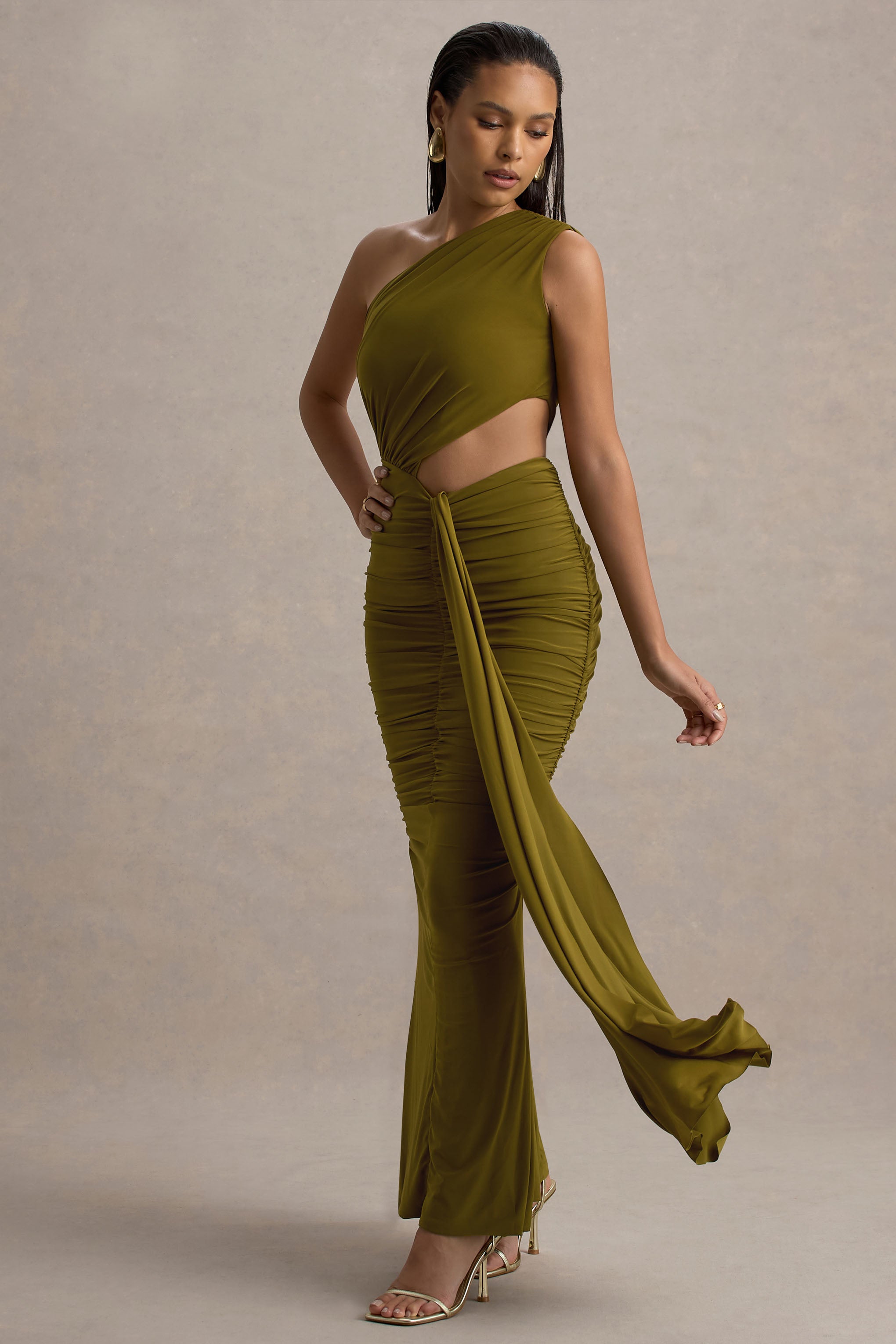 Beline Green One-Shoulder Cut-Out Maxi Dress With Drape