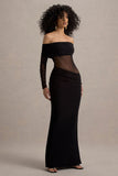 Belamour Black Semi-Sheer Bardot Gathered Maxi Dress