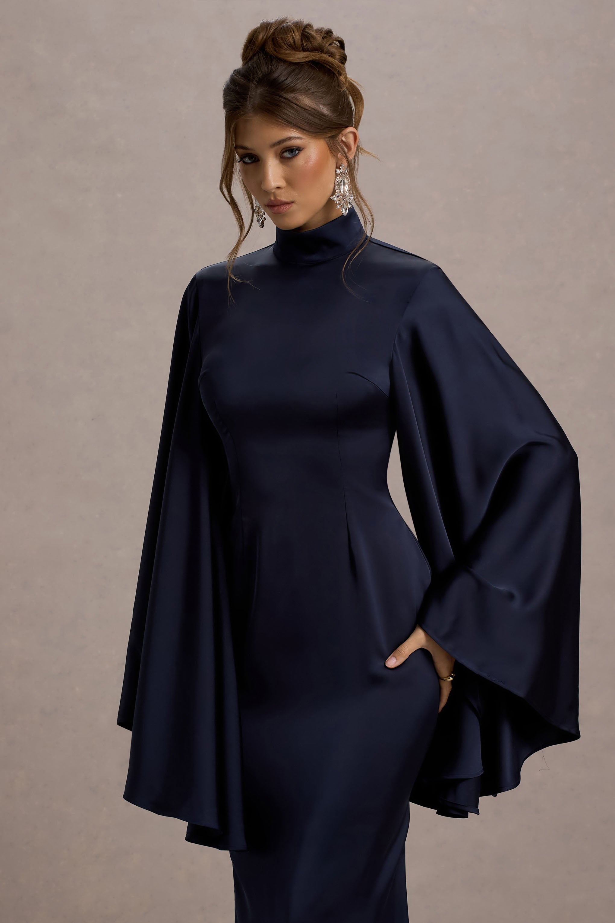 Maceline Navy Satin High-Neck Maxi Dress With Cape Sleeves