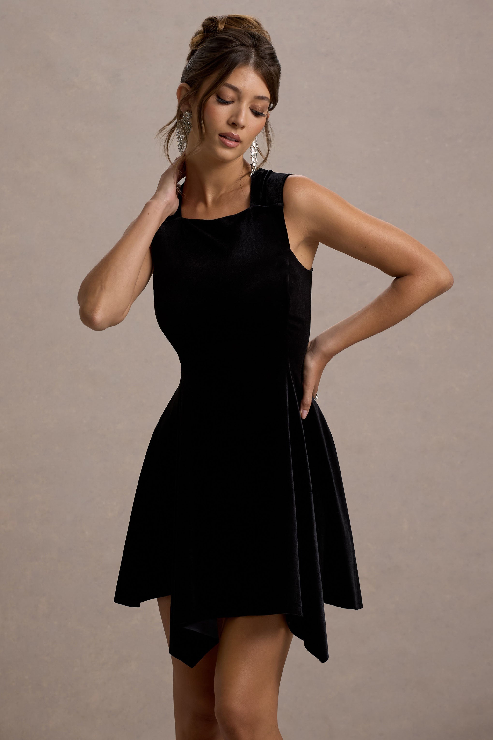 Baker Black Velvet Draped-Hem Mini Dress