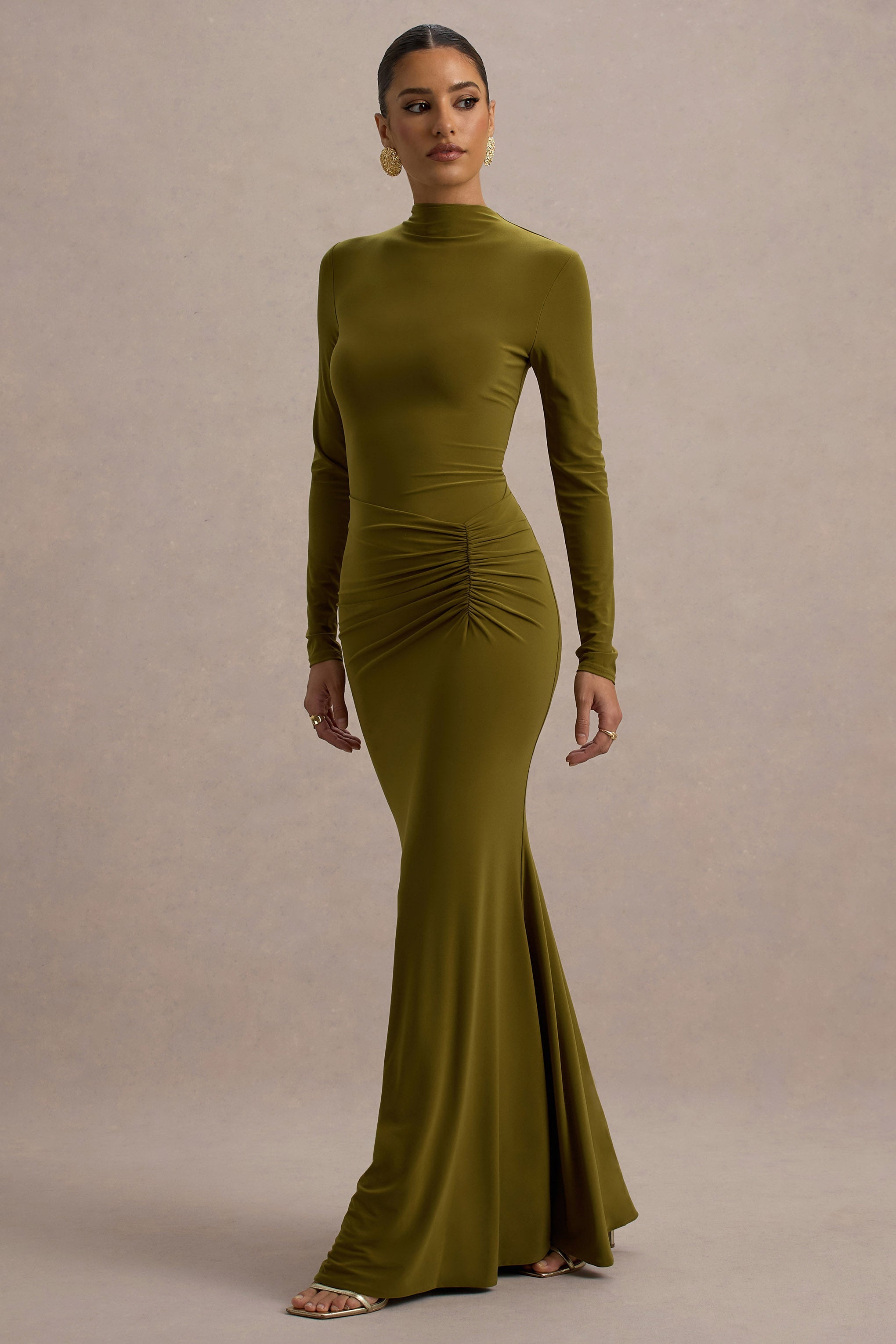 Reid Green Long-Sleeve Gathered Maxi Dress