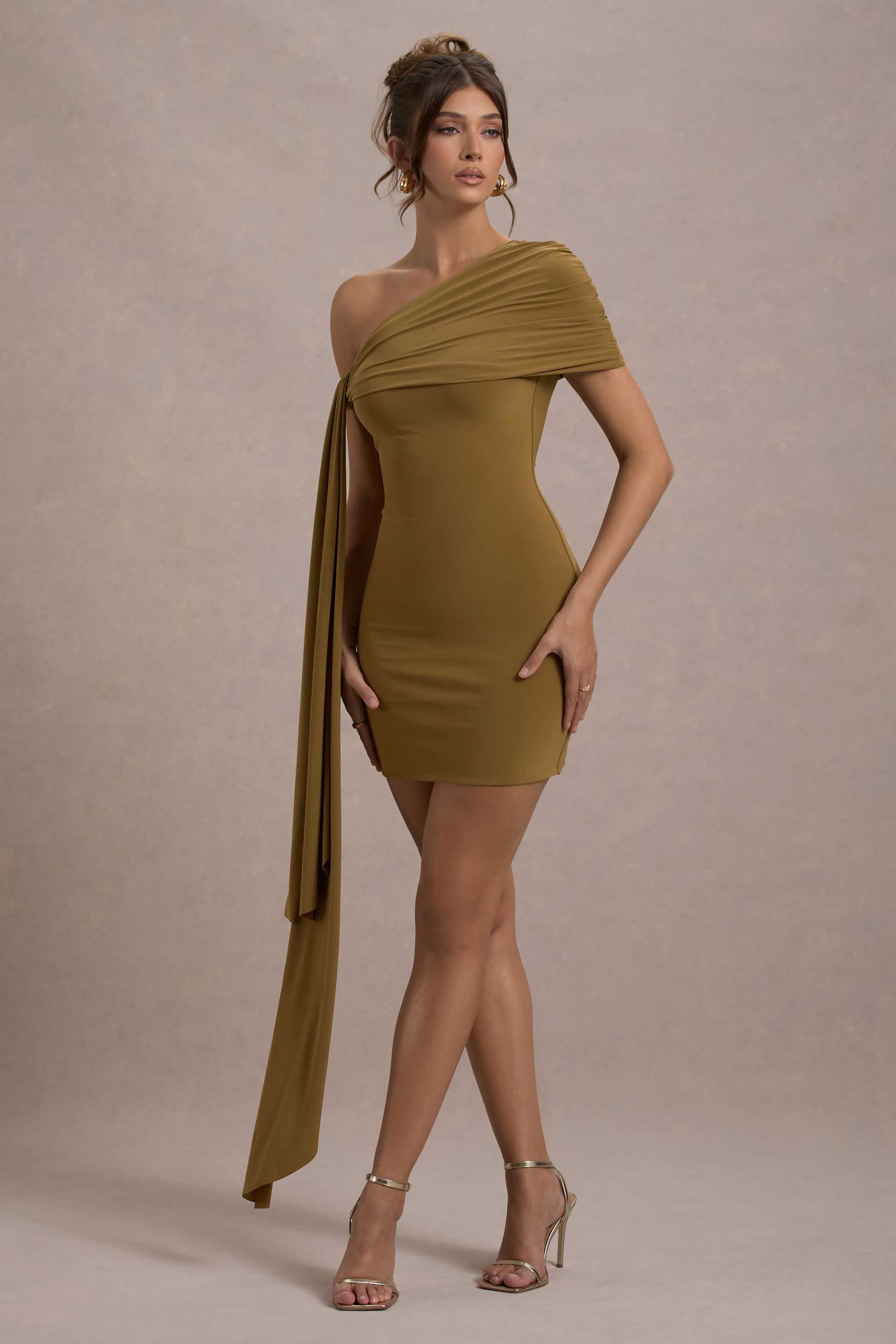 Alessio Mustard One-Shoulder Mini Dress With Drape