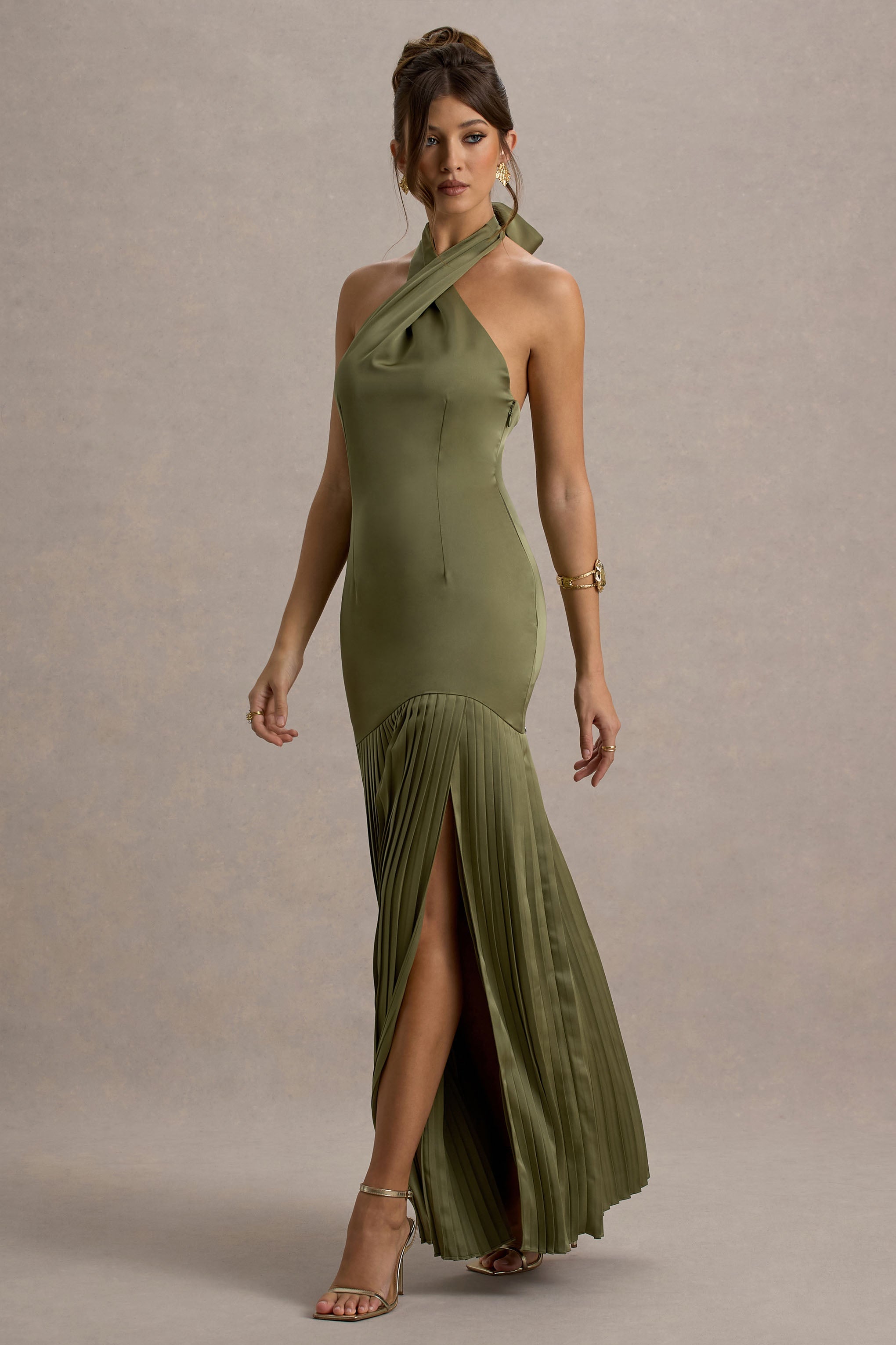 Sansa Khaki Satin Cross Halter-Neck Plisse Maxi Dress