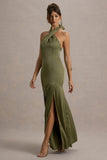 Sansa Khaki Satin Cross Halter-Neck Plisse Maxi Dress