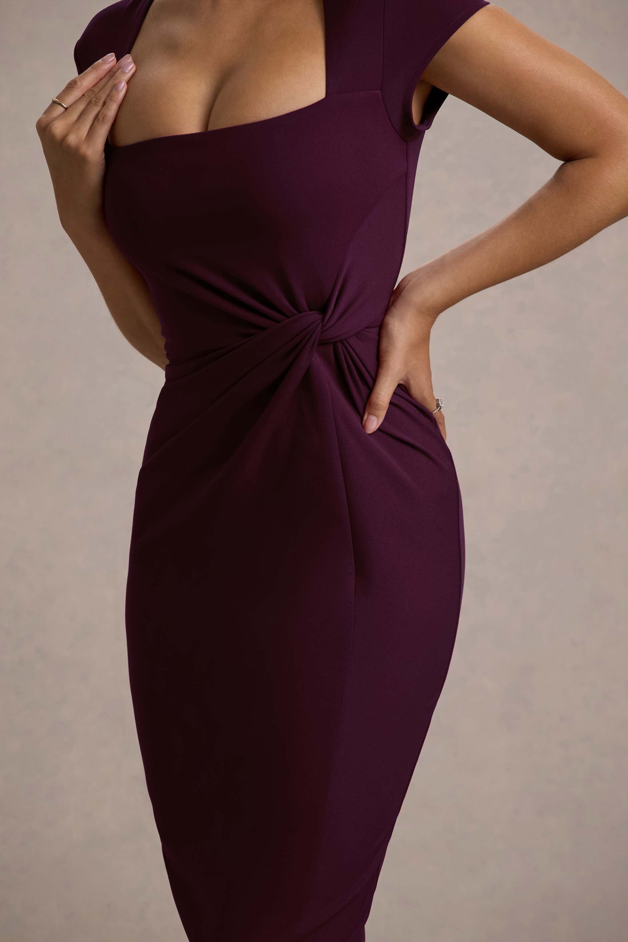 Lorenzie Plum Square-Neck Short-Sleeve Twist Midi Dress