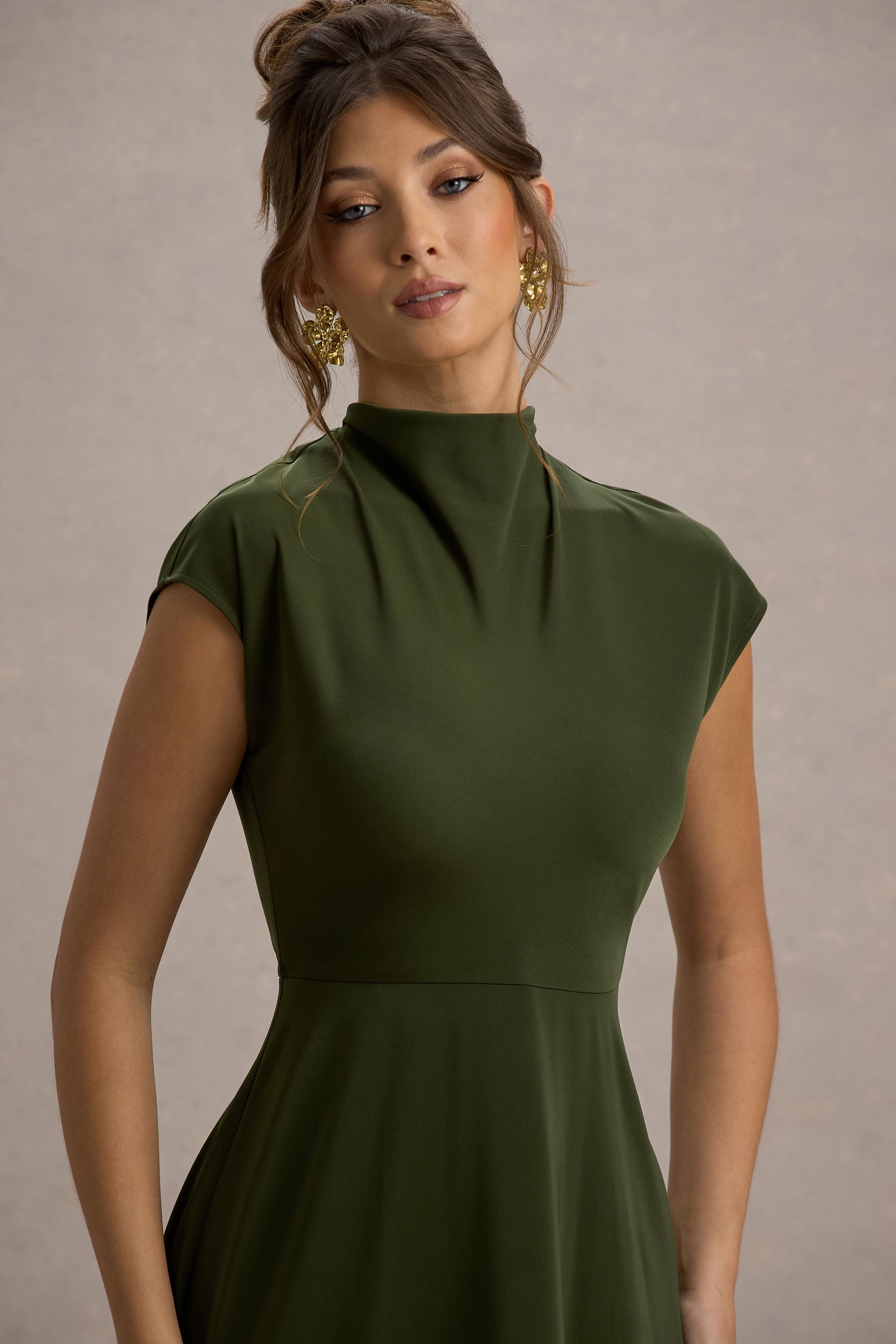 Velma Olive Satin Midi Dress With Draped Hem