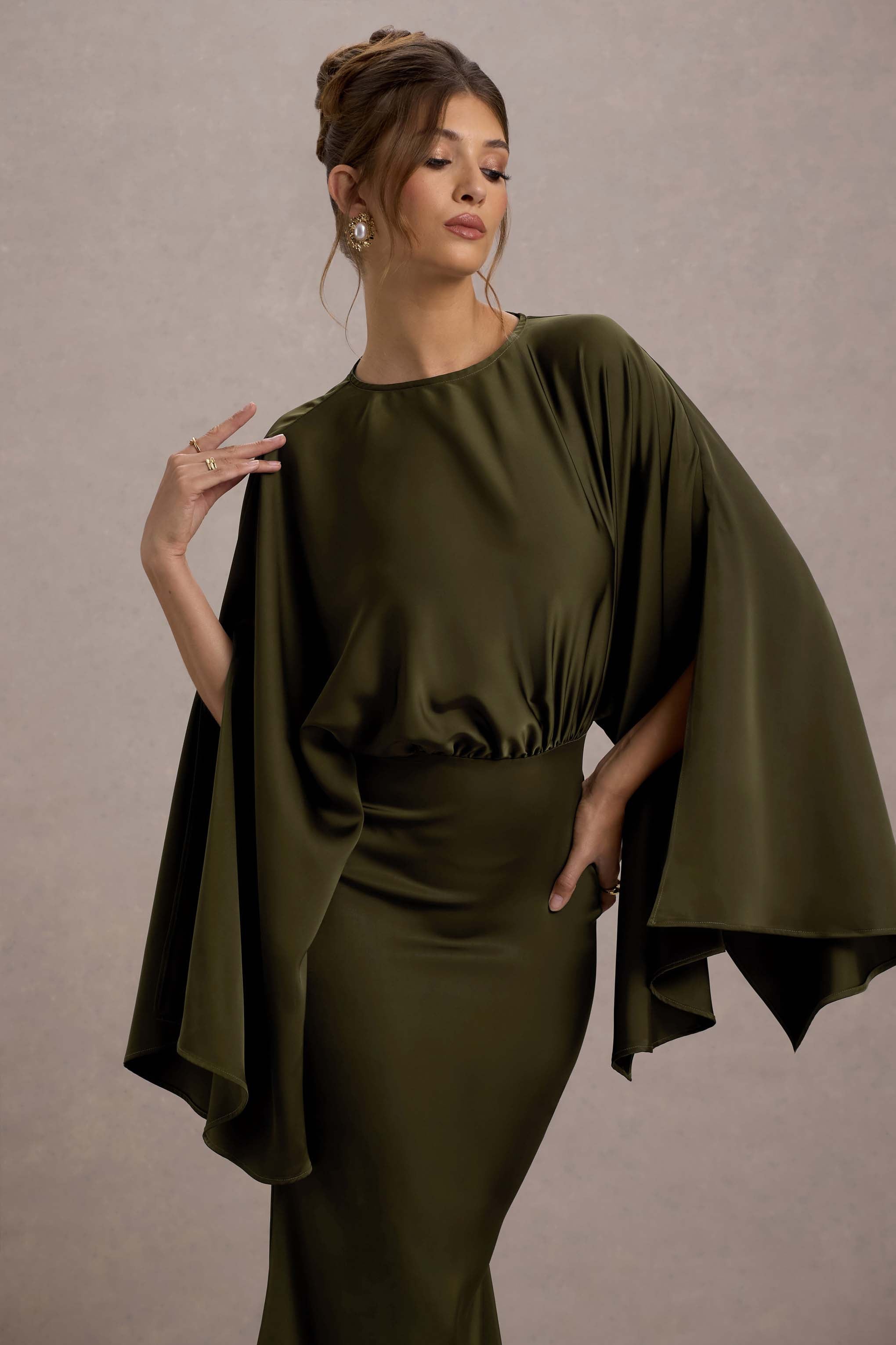 Zuzanna Khaki Draped Maxi Dress With Cape Sleeves