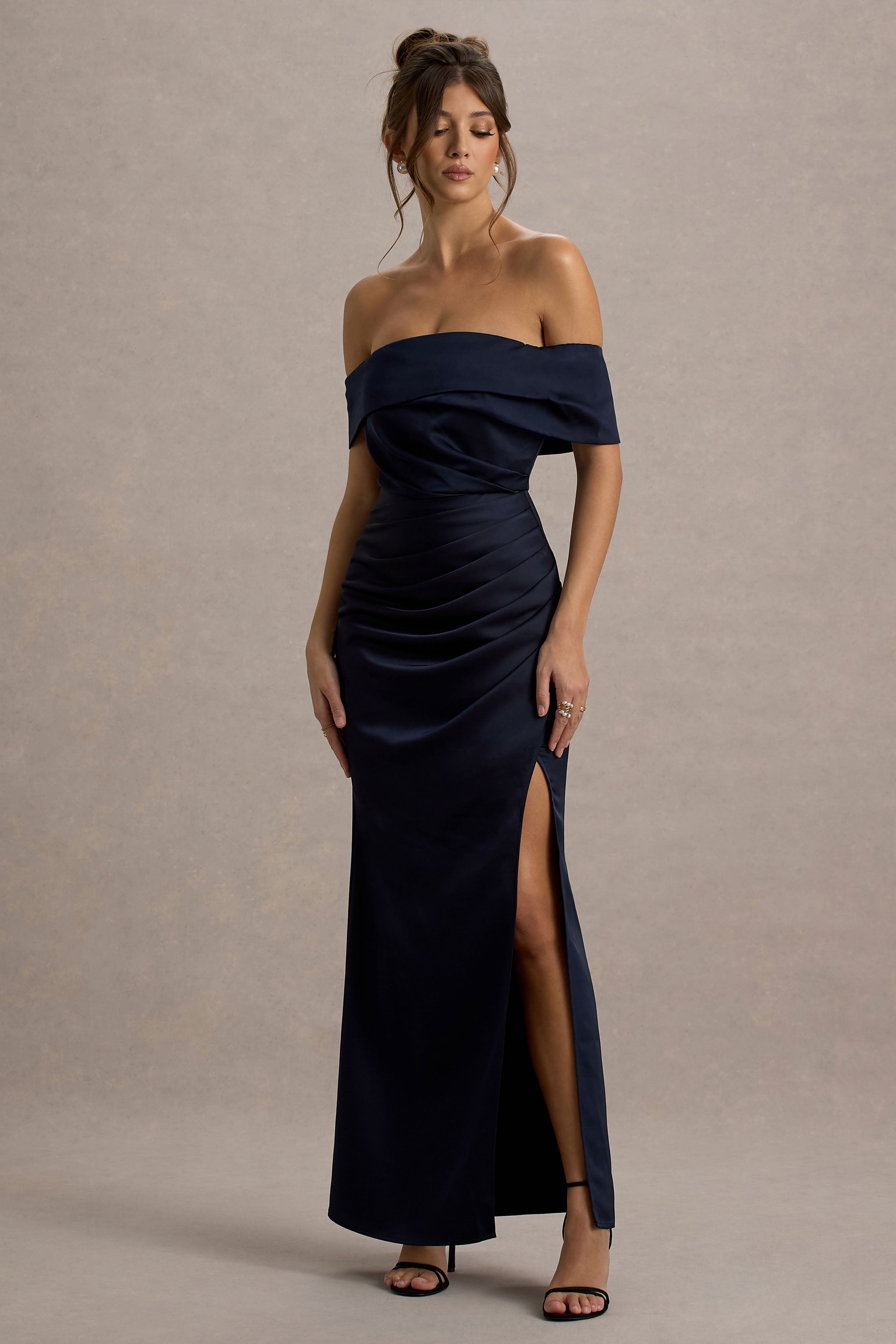 Martine Navy Satin Bardot Wrap Maxi Dress