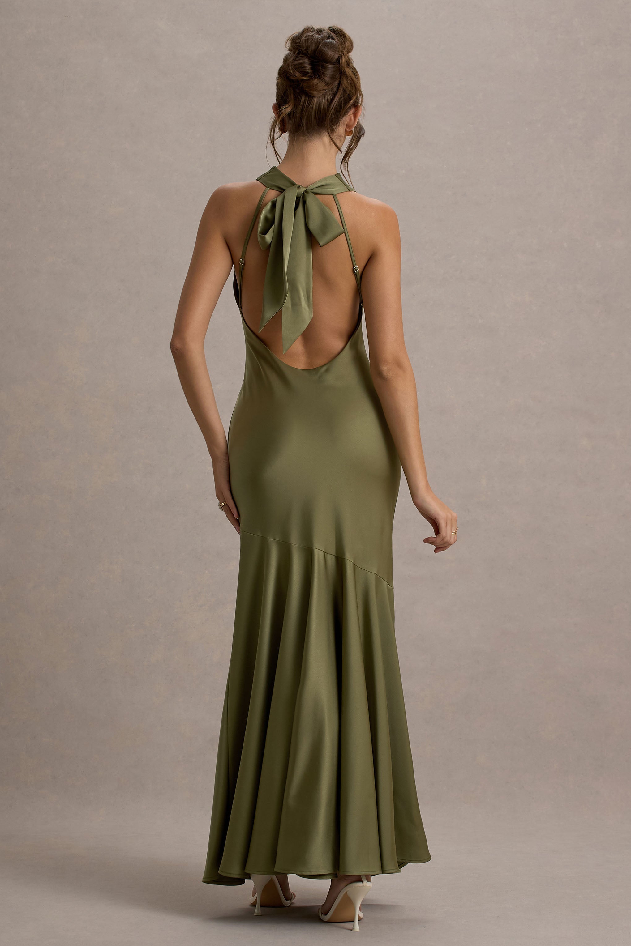 Amelita Khaki Satin Cowl-Neck Maxi Dress