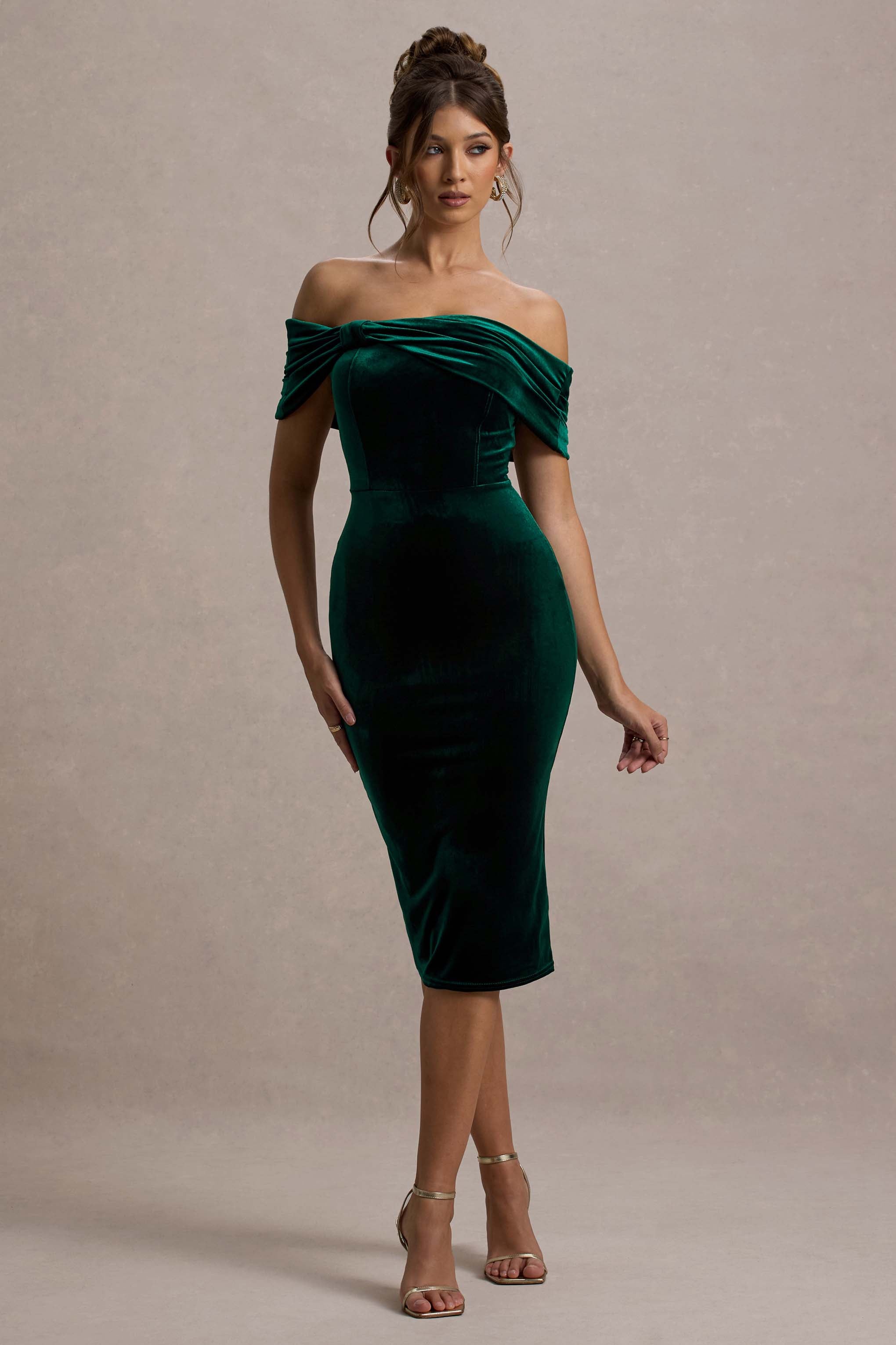 Snowflake Bottle Green Velvet Bardot Bow Detail Midi Dress