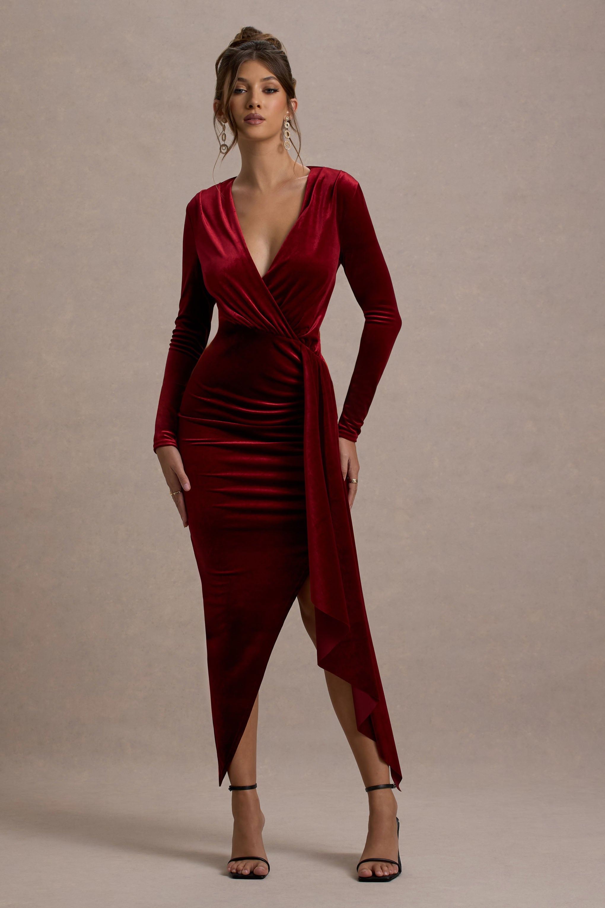 Arcadia Berry Velvet Plunge-Neck Wrap Midi Dress